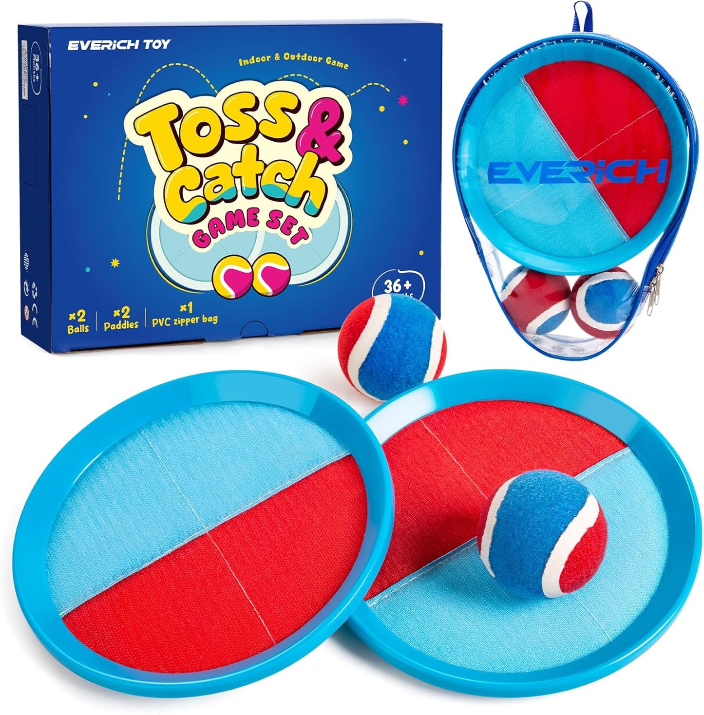 EVERICH Upgraded Toss and Catch Ball Game Set - Indoor and Outdoor Games for Kids 3-12, Beach Sand Pool Water Toy Includes 2 Paddles 2 Sticky Balls, Great Birthday Easter Gifts for Boys Girls