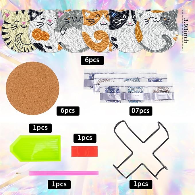 Diamond Art Coasters Kits for Adults with Holder Cork Pads, 6 Pcs Cat DIY ﻿Diamond Art Dots Painting Coasters Kits for Adults Beginners, Ideal
