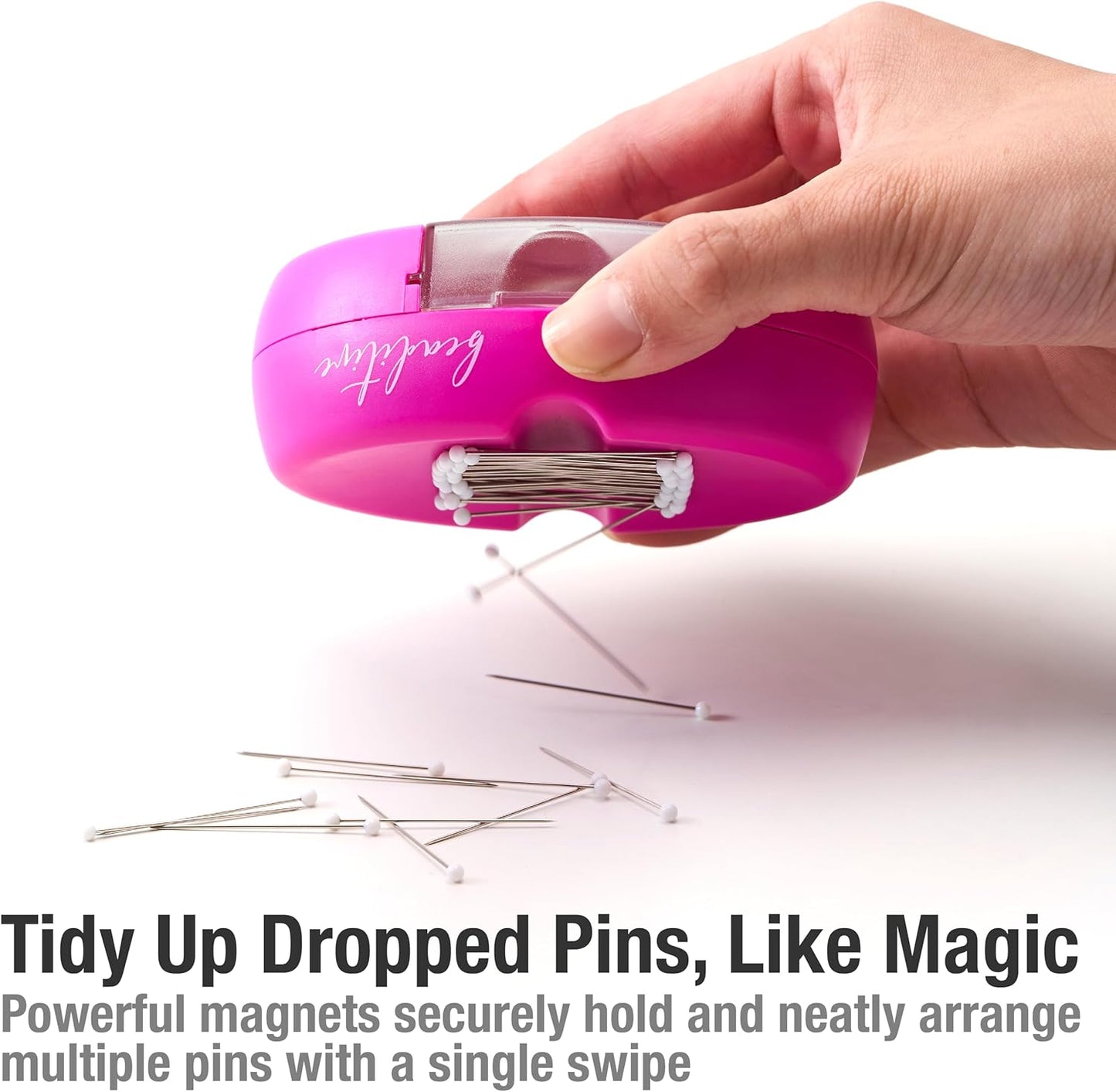 Beaditive Magnetic Pin Cushion with Drawer - Strong Magnet Pin Holder Cushions for Sewing - 50 Glass Head Quilting Pins Included - Chic Pincushion Caddy for Sewing Pins, Paper Clips, Screws – Fuchsia