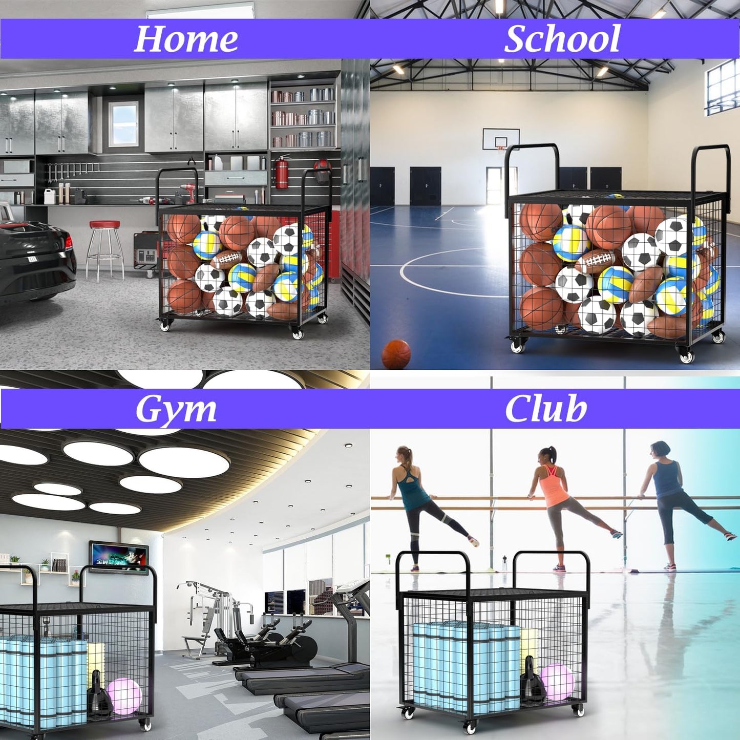 Ball Storage - 22.83" Basketball Cart With Wheels Garage Volleyball Storage Sport Equipment Holder Organizer For Indoor Outdoor,Metal Storage Rack For Playgroup,Gym And School