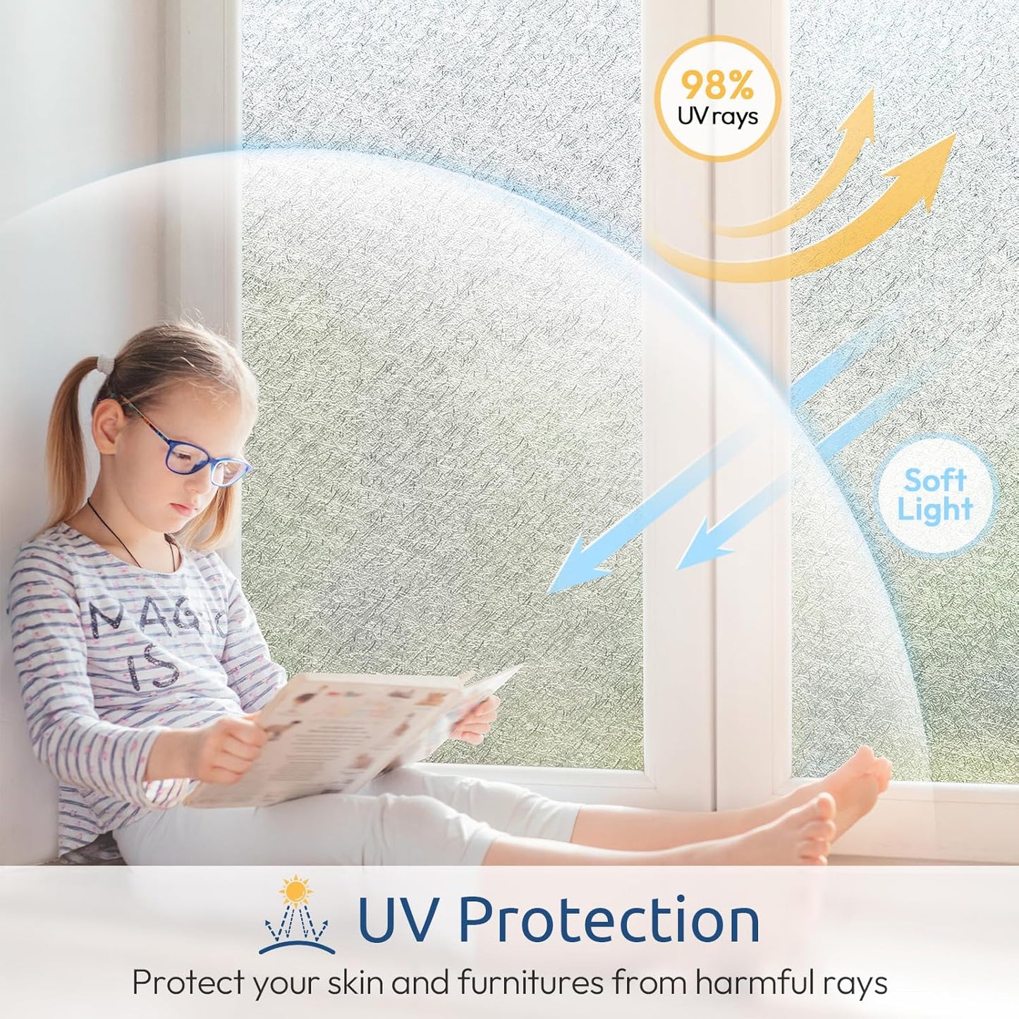 rabbitgoo Window Privacy Film Frosted Glass Film, Decorative Cling UV Sun Blocking Decals, Frosting Window Clings for Home Bathroom Door Coverings, 23.6 x 78.7 inches
