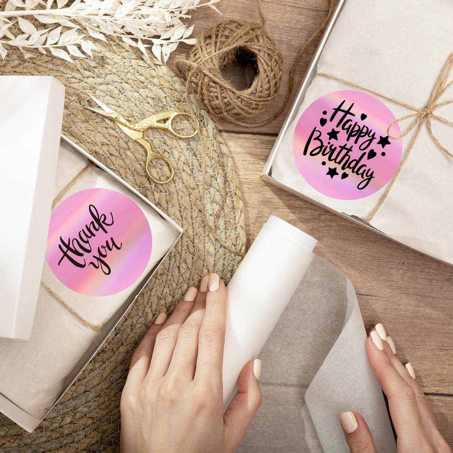 3" Circle Holographic Thermal Label Stickers Pink, Round Printable Rainbow Thermal Sticker for Gift Wrapping, Self-Adhesive/Perforation Line Design