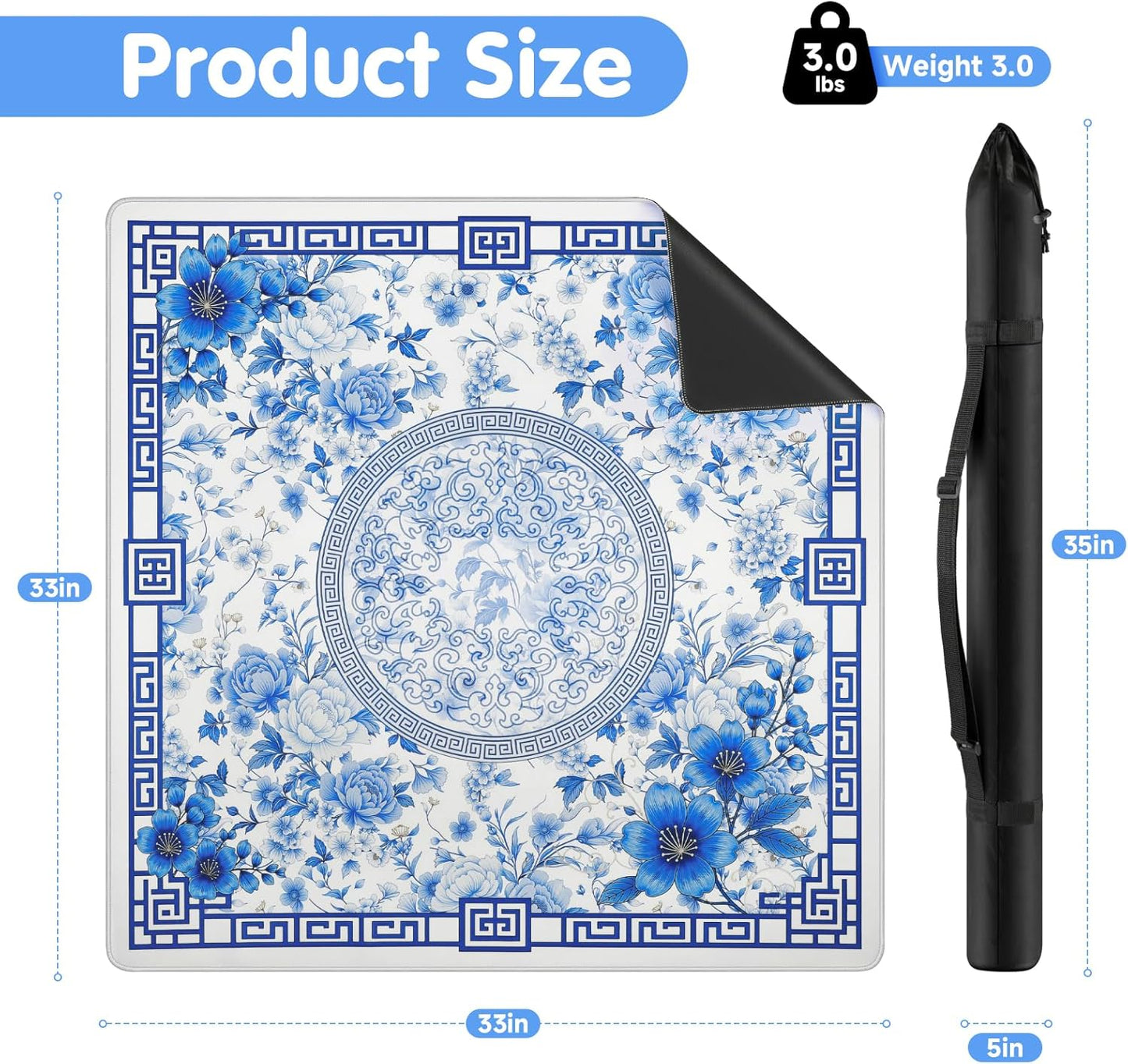 Mahjong Mat for Table 33x33 Inch, No-Crease, Anti-Slip, Noise-Reducing American Mahjong Mat, Mahjong Table Mat with Carry Bag,Neoprene Mahjong Mat for Poker, Card, Board(Blue)