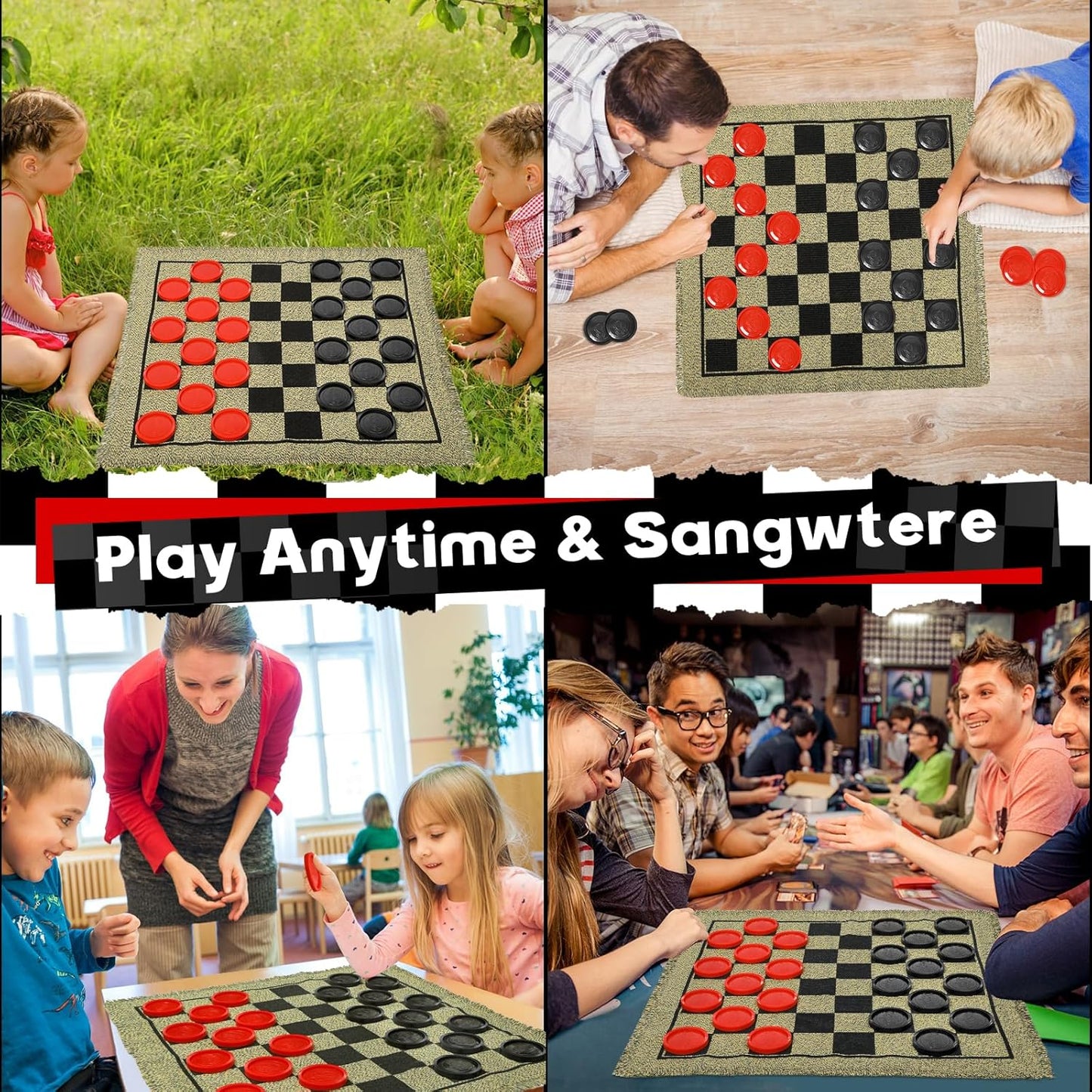 Giant Checkers Game Set - 3-in-1 Reversible Carpet for Kids & Adults - Oversized Indoor/Outdoor Mat for Family Fun & Parties
