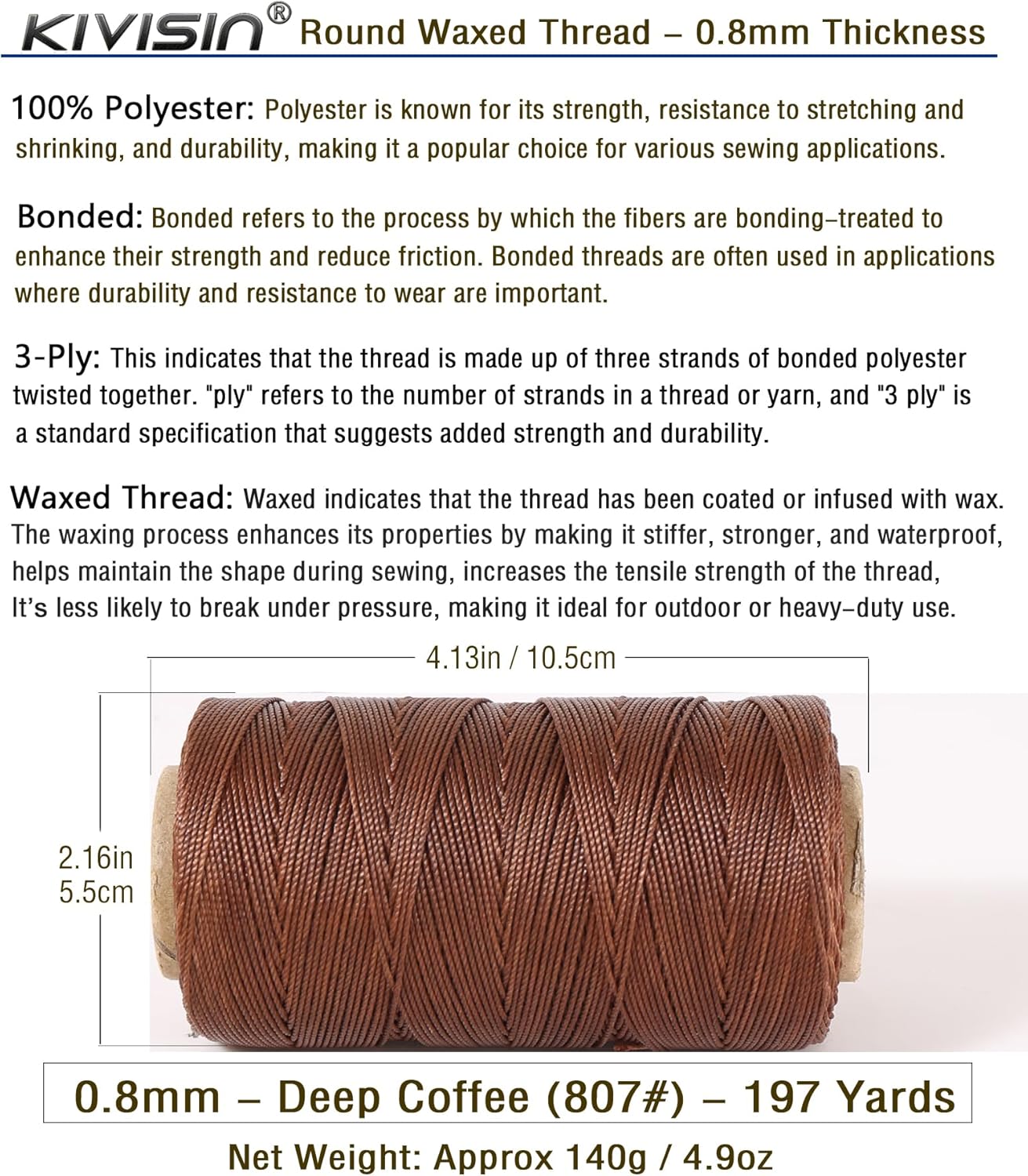 Bonded 0.8mm Round Waxed Polyester Cord, 3-ply Wax Coated Thread, 197 Yards Stiff String for Heavy Duty Fabric, Leather Sewing, Book Binding, Upholstery Repair, and Macrame Jewelry - Deep Coffee