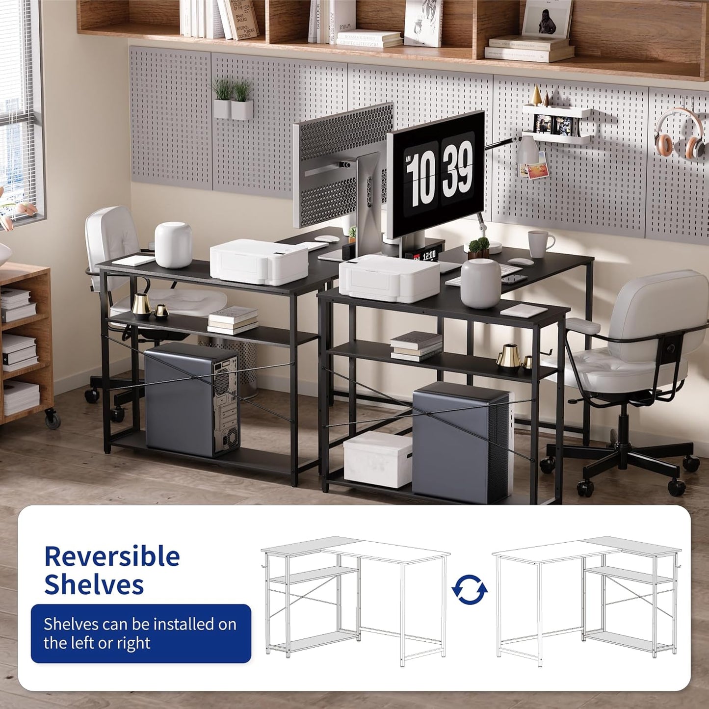 Pamray 43 Inch L Shaped Computer Desk with Reversible Side Storage Shelves, Small Corner Desk for Small Space Home Office,Writing Study PC Table for Bedroom,Orange