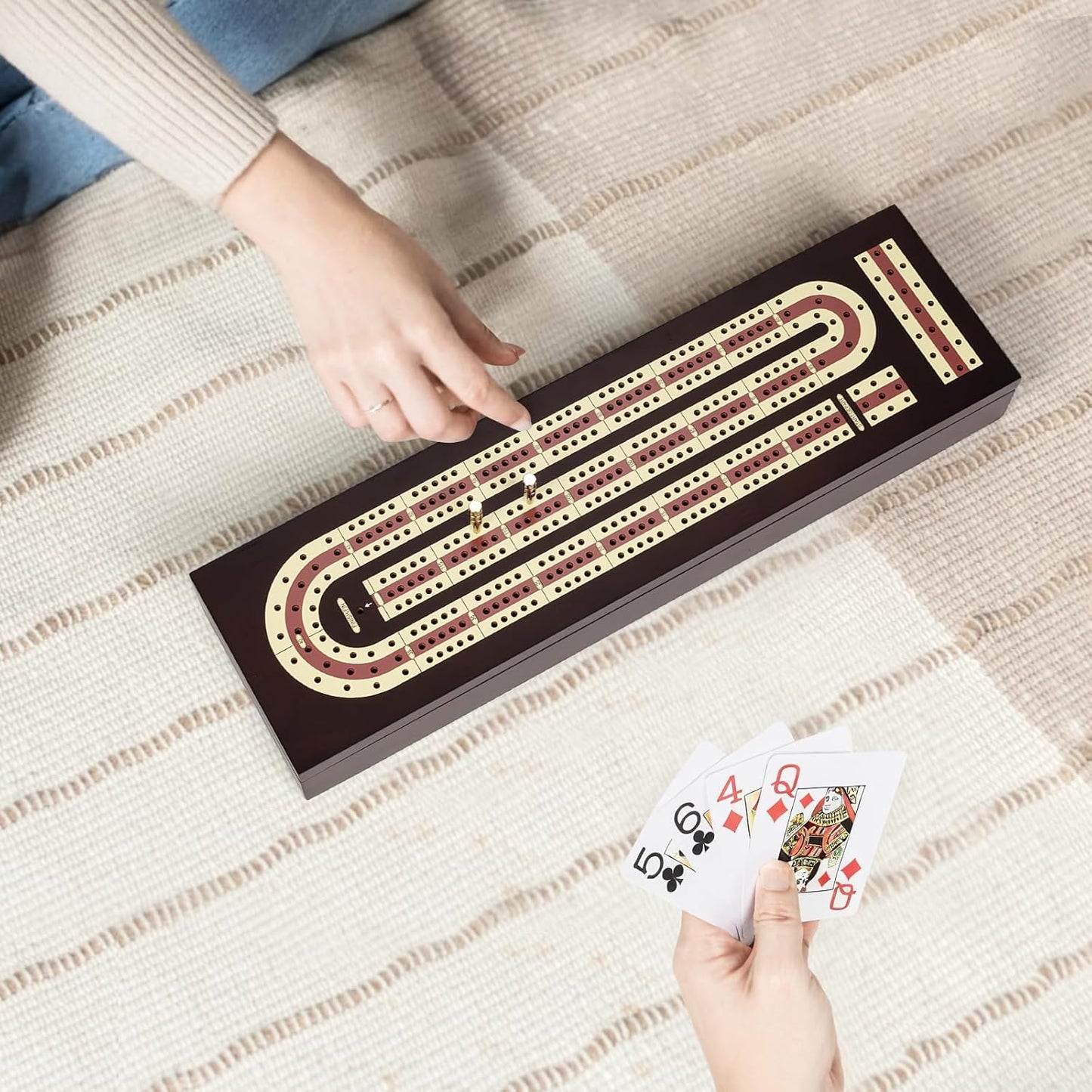 Cribbage Board Game Set, Premium Wooden Board with Magnetic Lock and Metal Pegs, 2 Playing Cards, and Large Storage - Travel-Friendly Continuous 3 Track Board