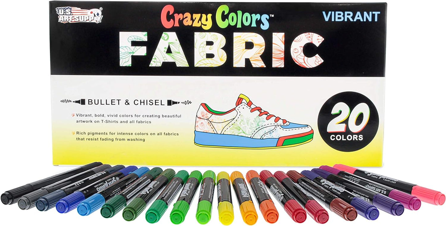 U.S. Art Supply Super Markers 20 Unique Colors Dual Tip Fabric & T-Shirt Marker Set-Double-Ended Fabric Markers with Chisel Point and Fine Point Tips - 20 Permanent Ink Vibrant and Bold Colors