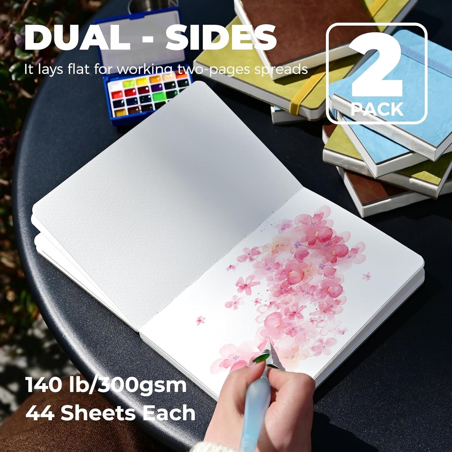 Funto Watercolor Journal, 7.5x5, 2 Packs, 44 Pages Each, Cold-Pressed 100% Cotton,PU Leather Green Cover, Art Supplies for Mixed Media