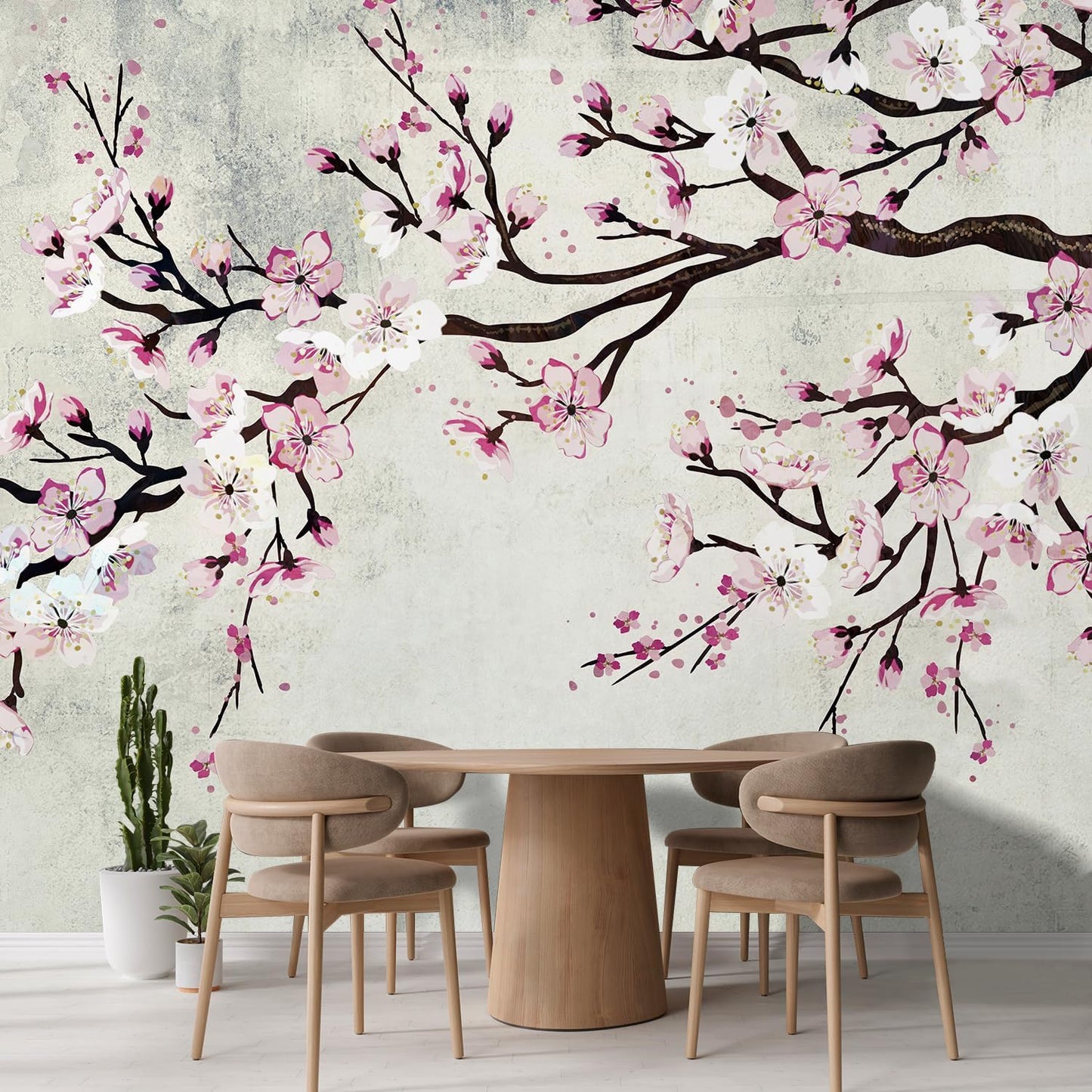 wall26 Large Wall Mural Watercolor Style Ink Painting Pink Cherry Blossom on Vintage Wall Background | Self-Adhesive Vinyl Wallpaper/Removable Modern Wall Decor - 108x120 inches