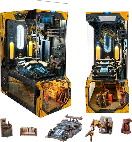 DIY Book Nook Kit,New DIY Dollhouse Booknook Bookshelf Insert Decor,3D Wooden Puzzles with LED Dust Cover,Book Nook Miniature Kit,Birthday Home Decor for Teens Adult-Automobile Workshop