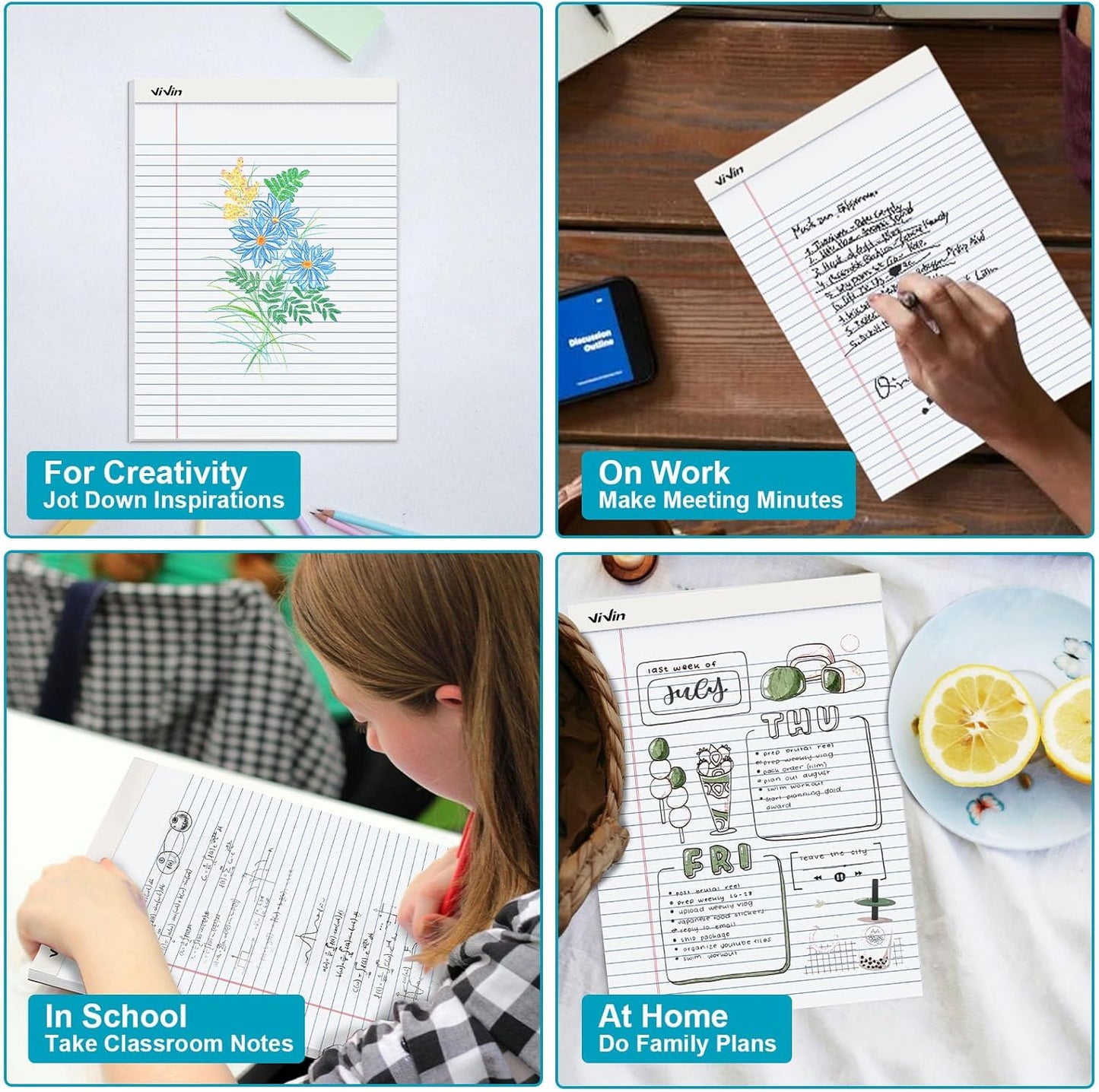 ViVin Legal Pads 8.5 x 11 Inch, Wide Ruled Note Pads, 6 Pack, 50 Sheet/Pad, Perforated Writing Pads, Notepads for Office Home School, 300 Sheets, White Paper