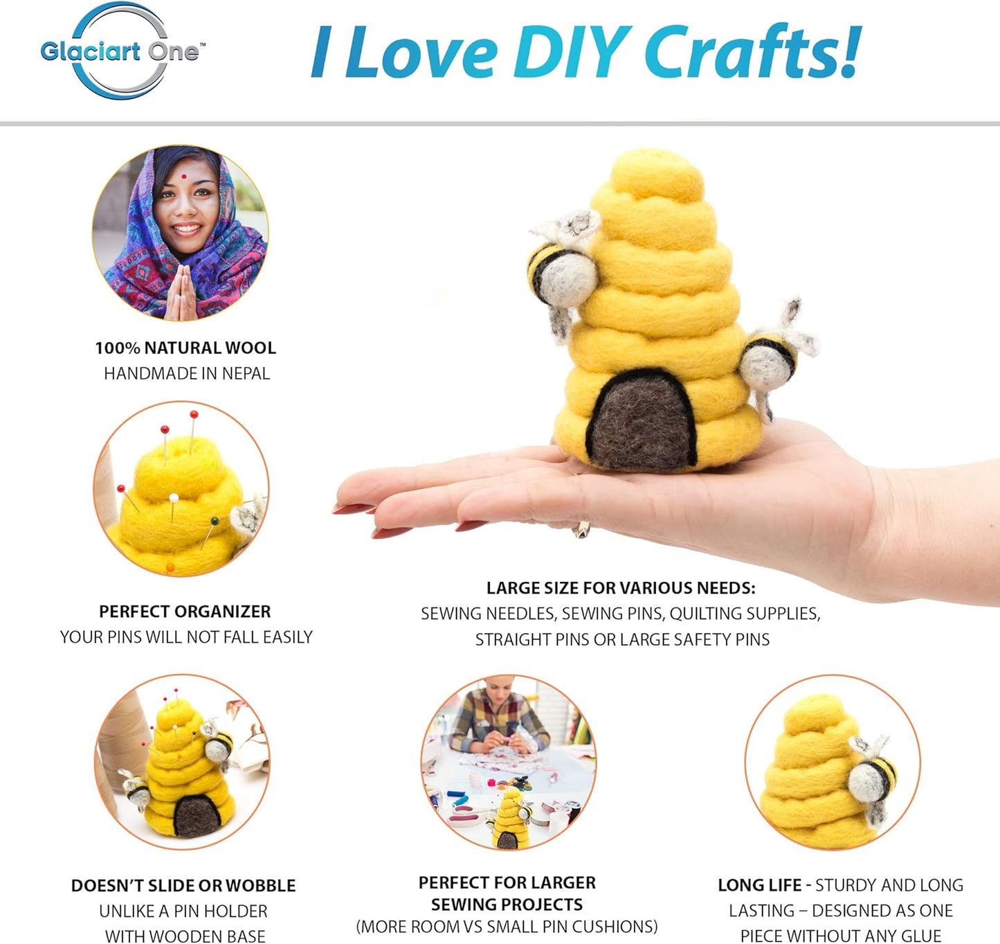 GLACIART ONE Sewing Pin Cushion Beehive | Large Size |Durable & Handmade Craft Supplies | Also for Quilting Needles, Sewing Machine Needles, Safety and T Pins