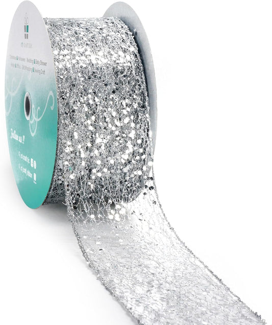 CT CRAFT LLC Sparkling Glitter Mesh Wired Ribbon 2.5" x 20 Yards Silver for Christmas Home Decor Bow Gift Wrapping DIY Crafts Wreath