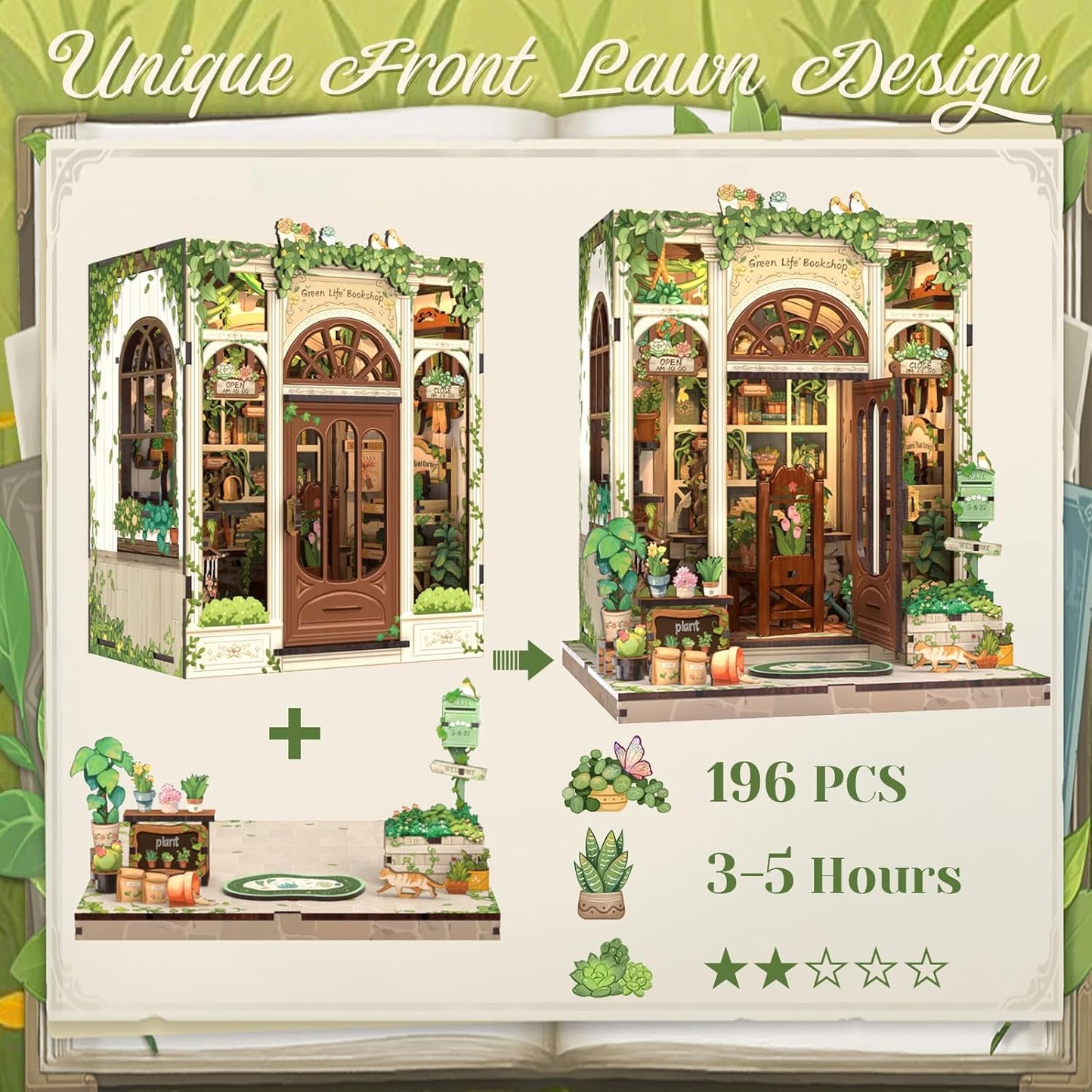 CUTEBEE Book Nook Kit - DIY Miniature House Dollhouse Kit for Adults and Teens, Booknook Tiny House Bookshelf Decor 3D Wooden Puzzle, Gifts for Family Friends (Green Life Bookshop)