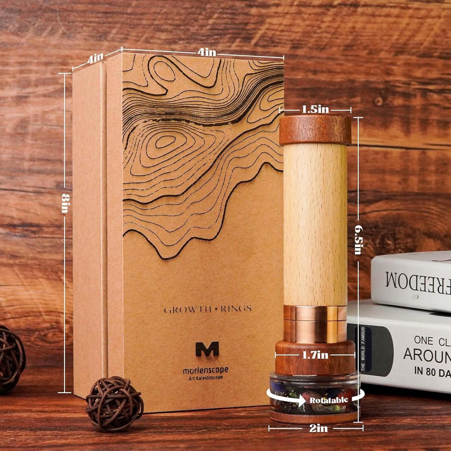 Growth Rings Wooden Kaleidoscope Tunnel Screen Effect,6.5" Handmade Brass Rotatable Oil-Filled Core Box Nature Kaleidoscope Kit,Vintage Gift Box,Anniversary Birthday Gift for Man Woman