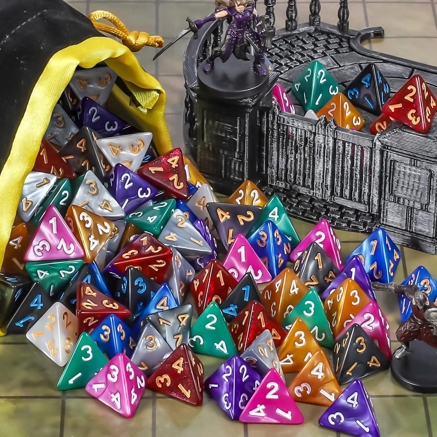 CiaraQ DND Polyhedral Dice (100pcs) with A Dice Bag Compatible with Dungeons and Dragons DND RPG MTG Role Playing Table Games (D4 dice, 10 colors-100 pcs)