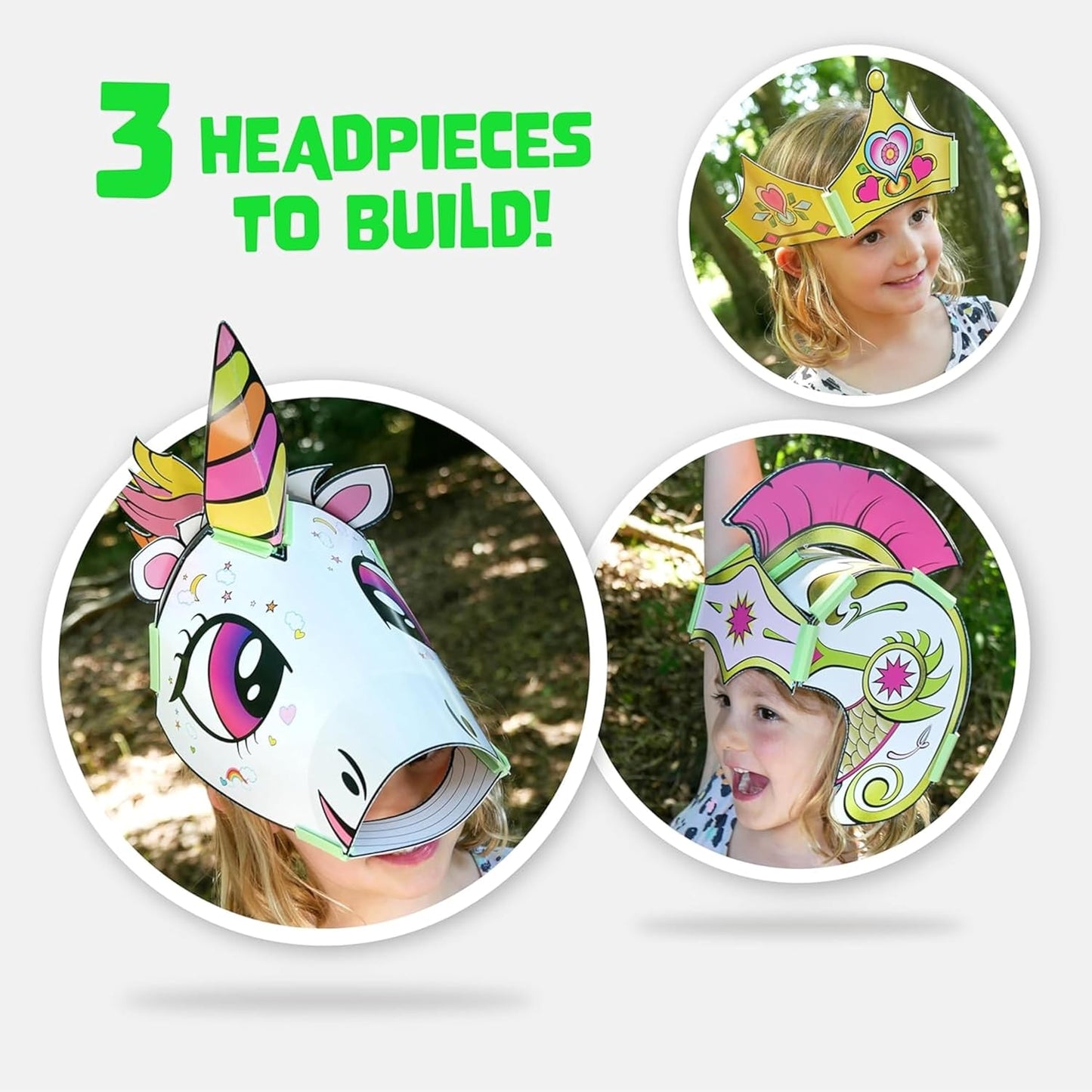 JUNKO Create Your Own Unicorn, Princess Crown & Warrior Helmet | Build and Color Paper Craft Kit for Girls | Ages 6-10