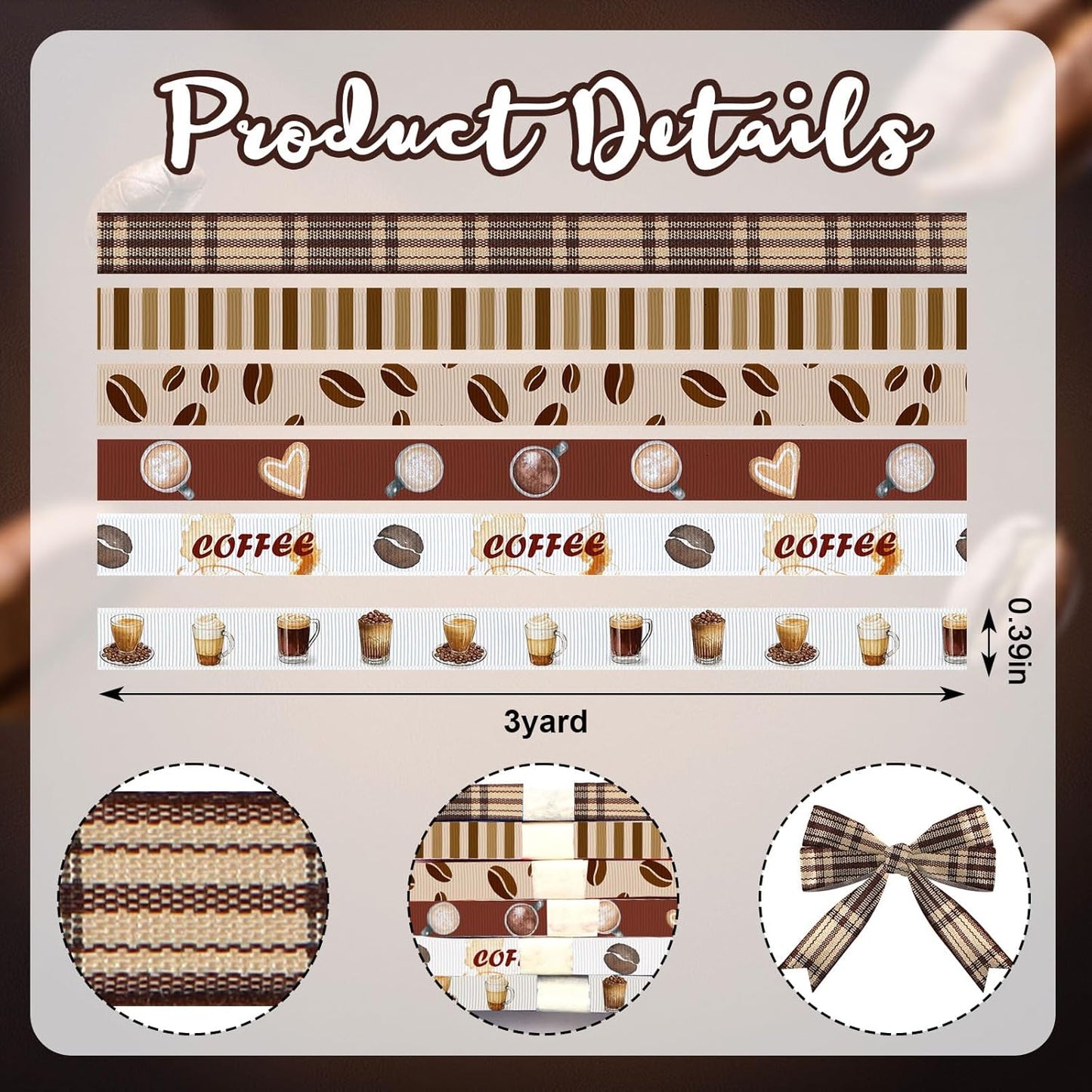 6 Rolls 18 Yards Fall Coffee Ribbons for Gift Wrapping DIY Crafts 3/8 Inches Brown Plaid Grosgrain Ribbons Coffee Beans Ribbon for Wreath Hair Bows Home Party Decoration