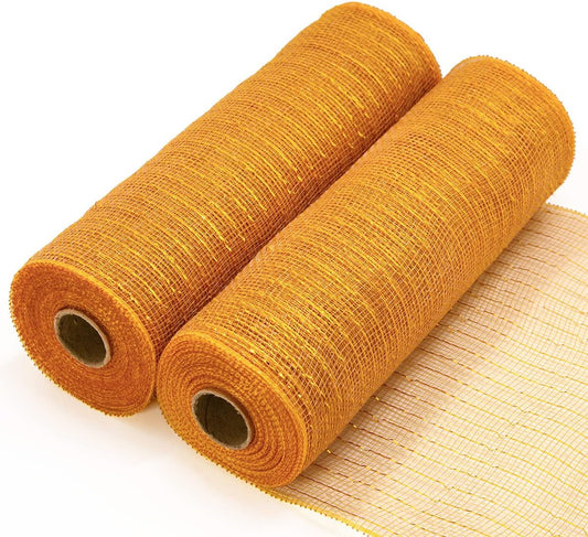 Koopi Deco Mesh 10 inch x 30 Foot Each Roll, Set of 2 Gold/Brown with Gold Metallic Foil Poly Mesh Ribbons for Wreaths, Swags, Craft, Party and Decorating Supplies- 2 Rolls