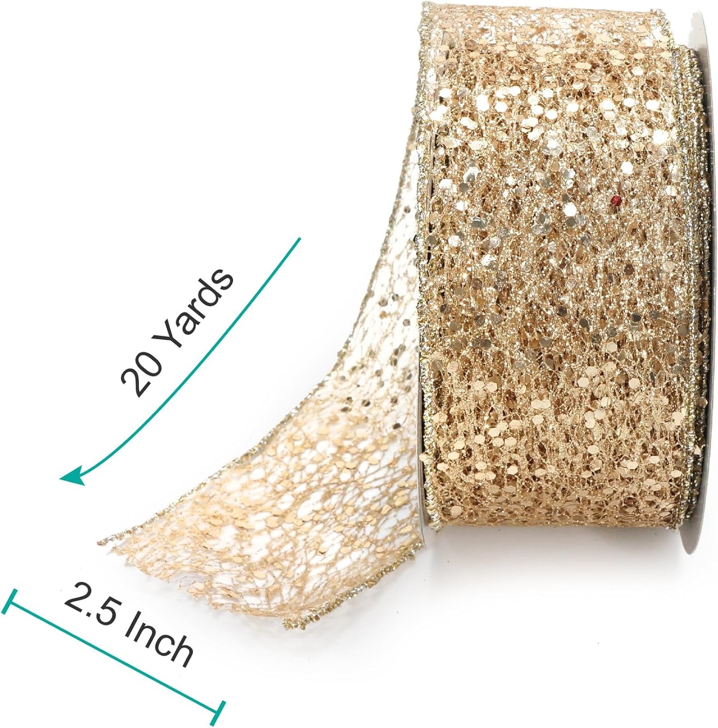 CT CRAFT LLC Sparkling Glitter Mesh Wired Ribbon 2.5" x 20 Yards Champagne Gold for Christmas Home Decor Bow Gift Wrapping DIY Crafts Wreath