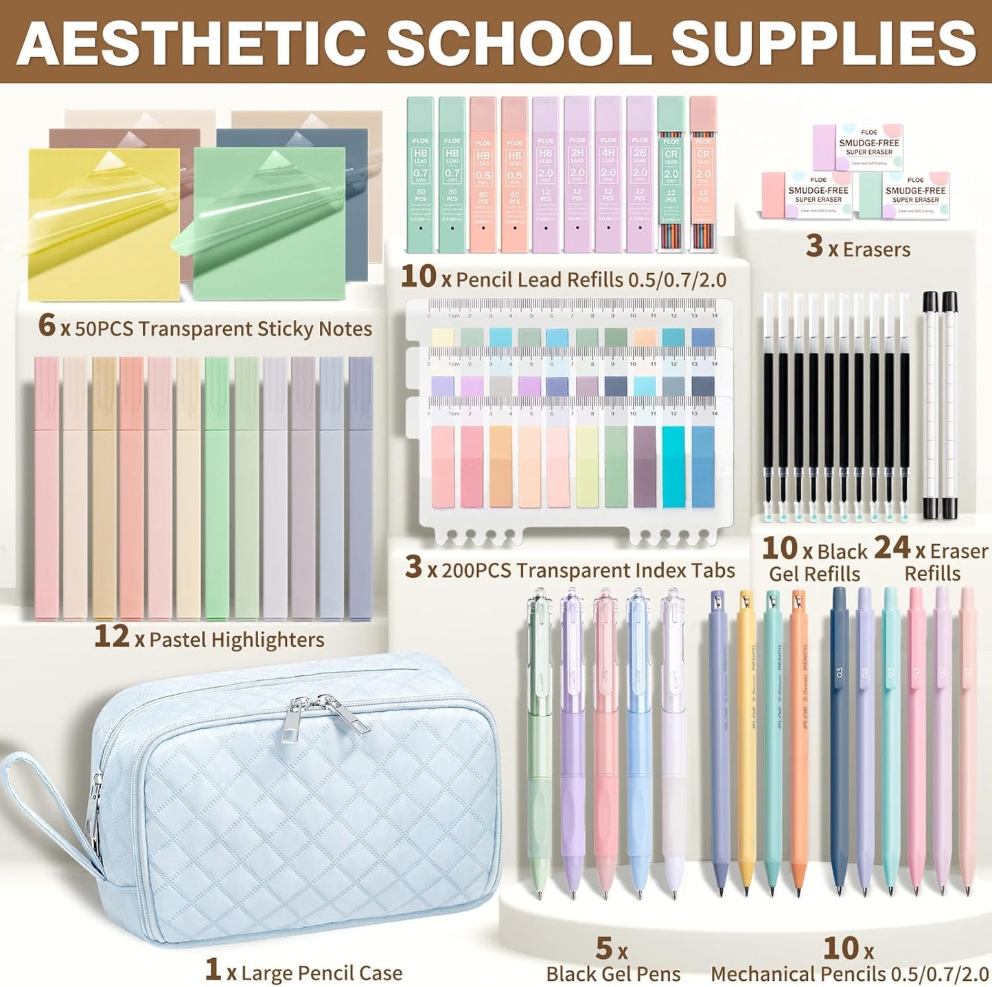 62PCS Aesthetic School Supplies with Cute Pencil Case, Pastel Highlighters Black Ink Gel Pens Mechanical Pencils Kit, Back to School Supplies College Essentials Preppy Stationary Set for Student Girls