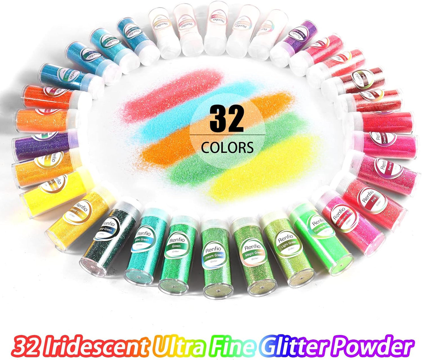 Renfio 32 Colors Iridescent Glitter Set, 16.93oz 480g Ultra Fine Glitter Powder PET 1/128" 0.008" 0.2mm Resin Suppies Assorted Craft Glitter for Fake Nails, Resin Art, Tumblers, Slime, Hair, Bomb