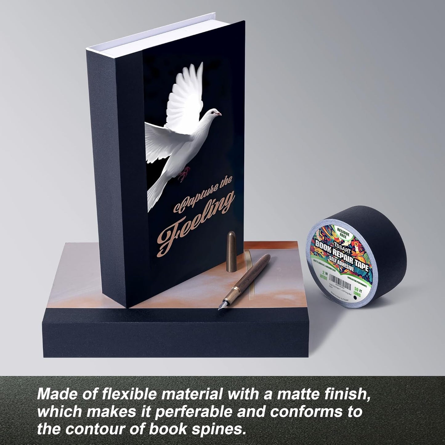 Book Repair Tape - Self Adhesive Matte Book Binding Tape for Reinforcing Protecting, and Covering Mending Books Old Books - 2 Inch Wide x 50 FT Long, Black