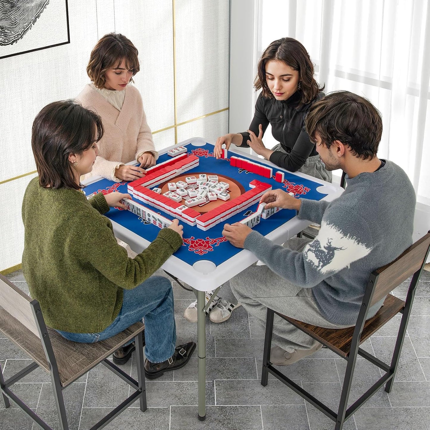 Giantex Folding Mahjong Table, 35" Square Card Table with Cup Holders, Removable Noise Reduction Mat, HDPE Tabletop, 4-Player Portable Domino Tables for Poker Blackjack Board Game (Navy)