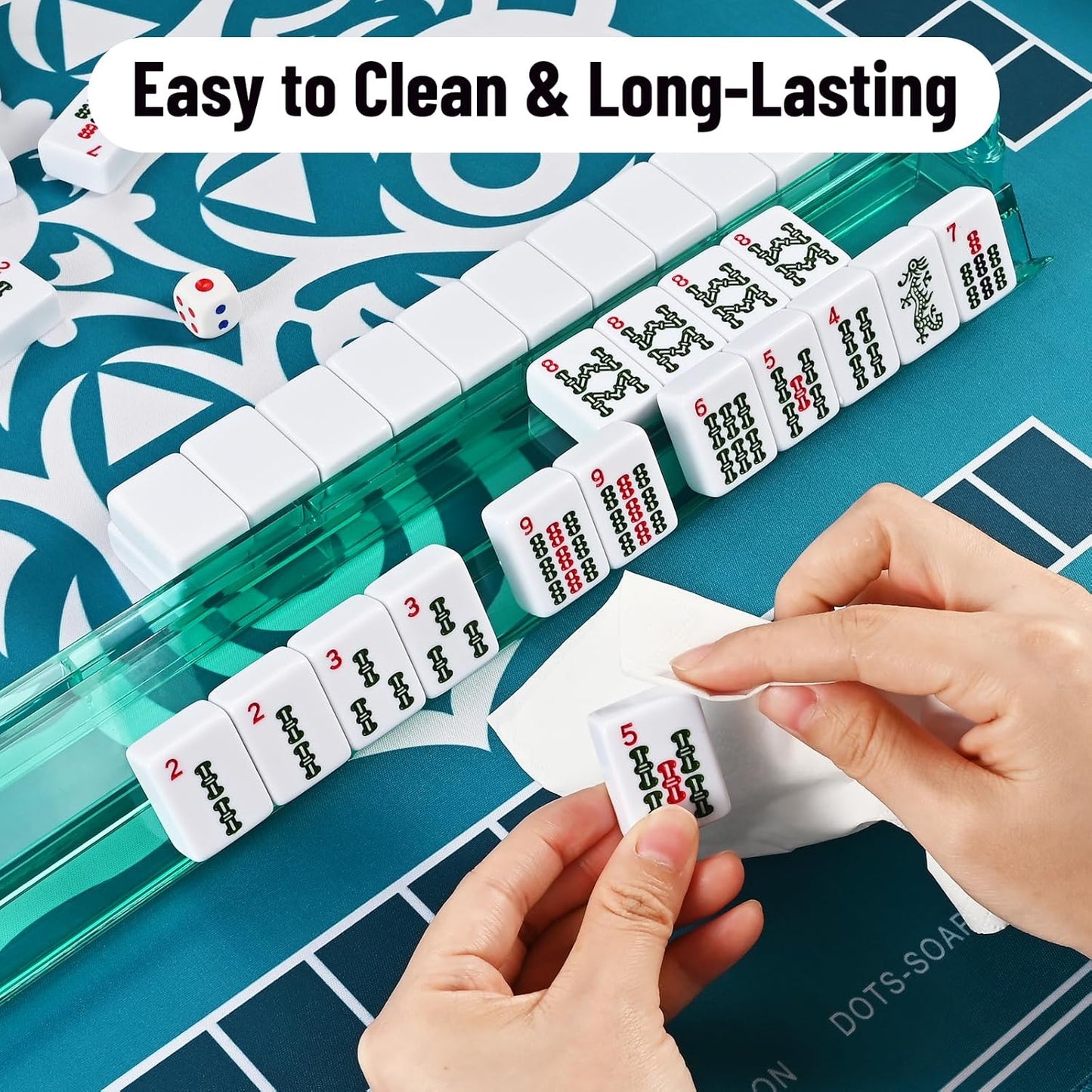 American Mahjong Tile Set – 166 White Tiles, 4 All-in-One Color Racks with Pushers, 3 Dice, Portable Red Carrying Bag – Complete Mahjong Game Set