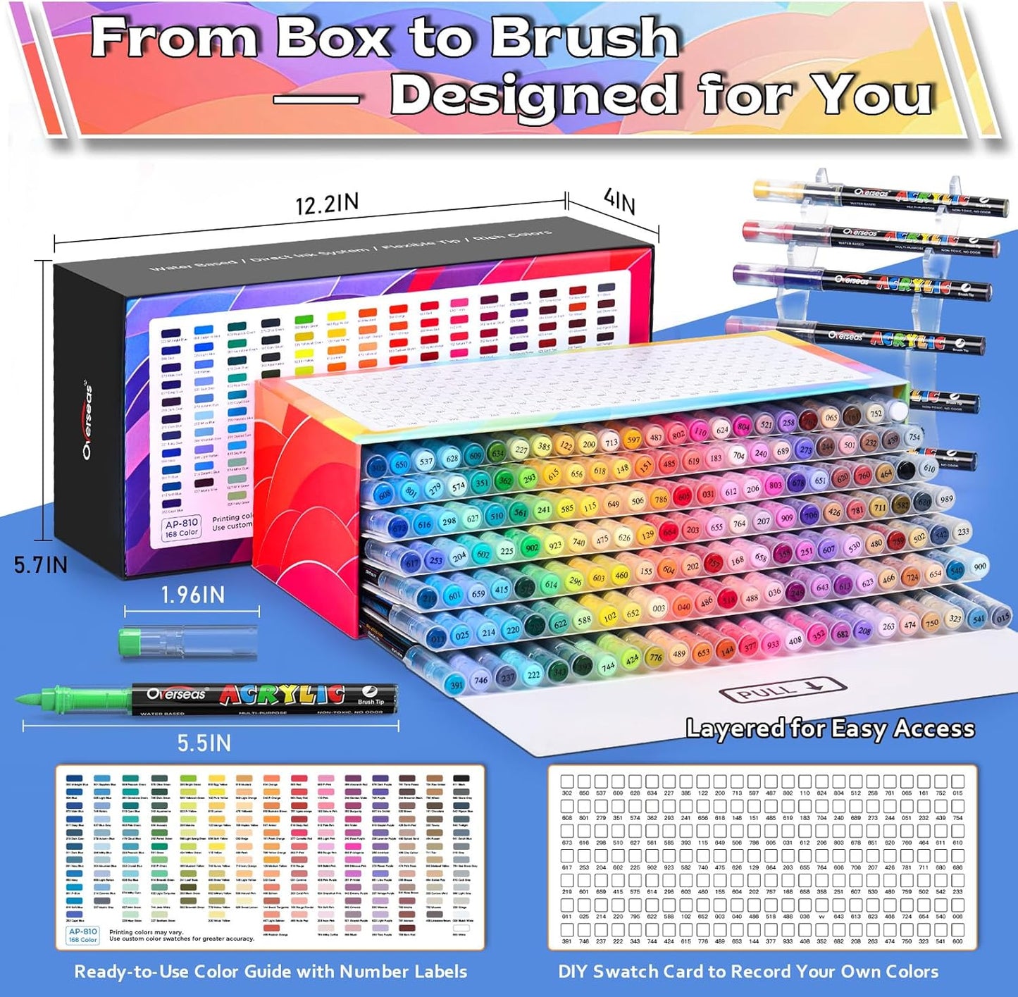 Overseas Acrylic Paint Markers 168 Colors, Brush Tip Paint Pens with Automatic Ink Control System, Quick Drying Liquid Ink Acrylic Marker for Rock, Wood, Canvas, Glass, Fabric, Metal, Plastic, Rubber