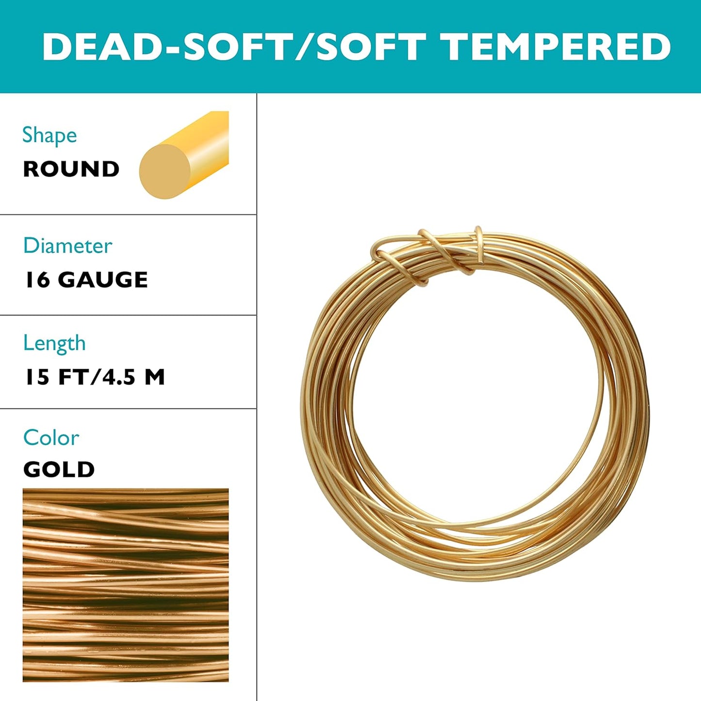 The Beadsmith Wire Elements Craft Wire – Tarnish Resistant, Soft Temper, Round, Gold Color – 1.3mm, 16 Gauge, 15 Foot Spool – Jewelry Making, Wire Wrapping, Floral, & Other DIY Crafts