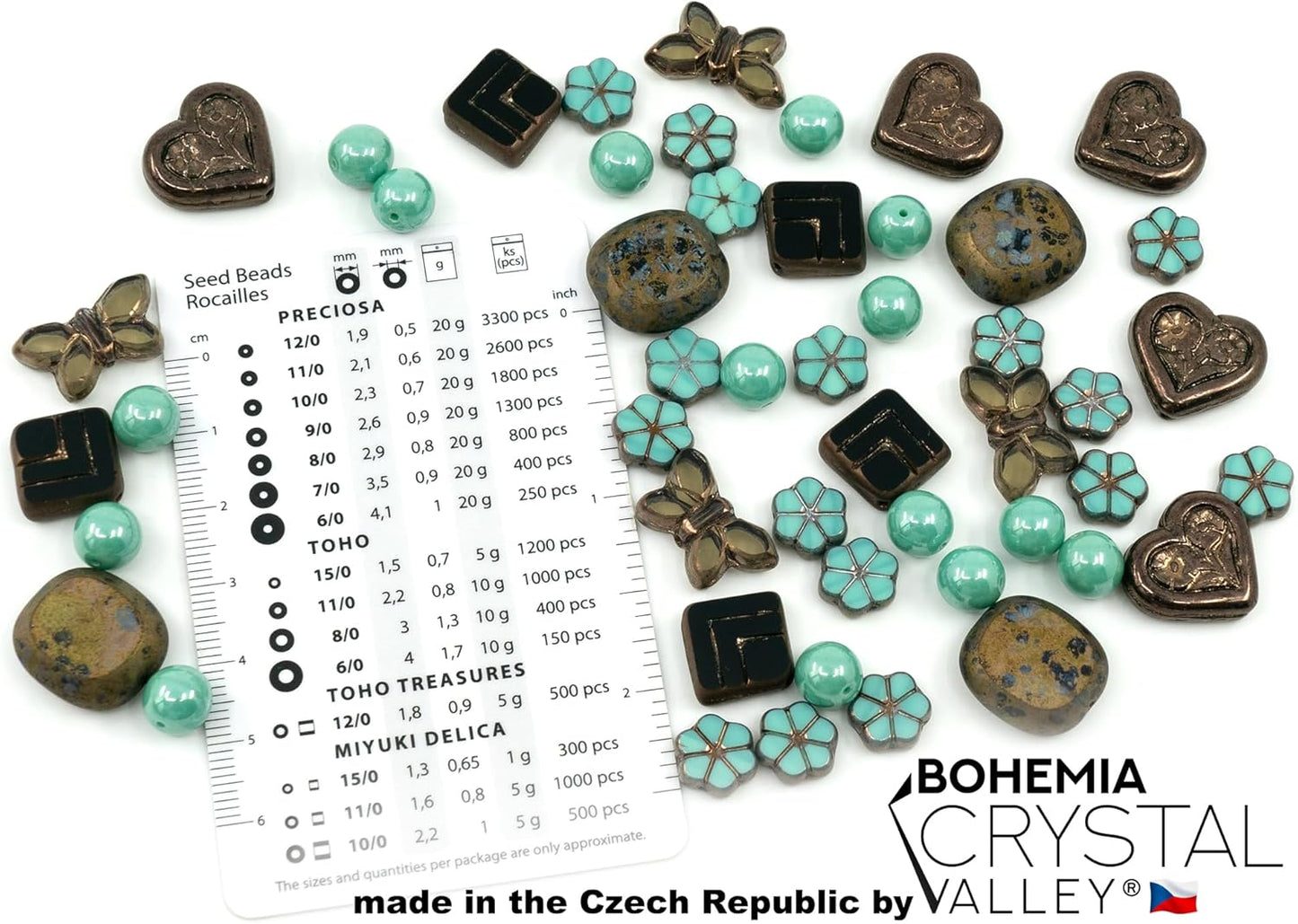 45+ pcs (2.1oz=60g) of Focal Glass Bead Mix with Table-Cut Flower and Butterfly Beads, PG Turqouise Brown Brass