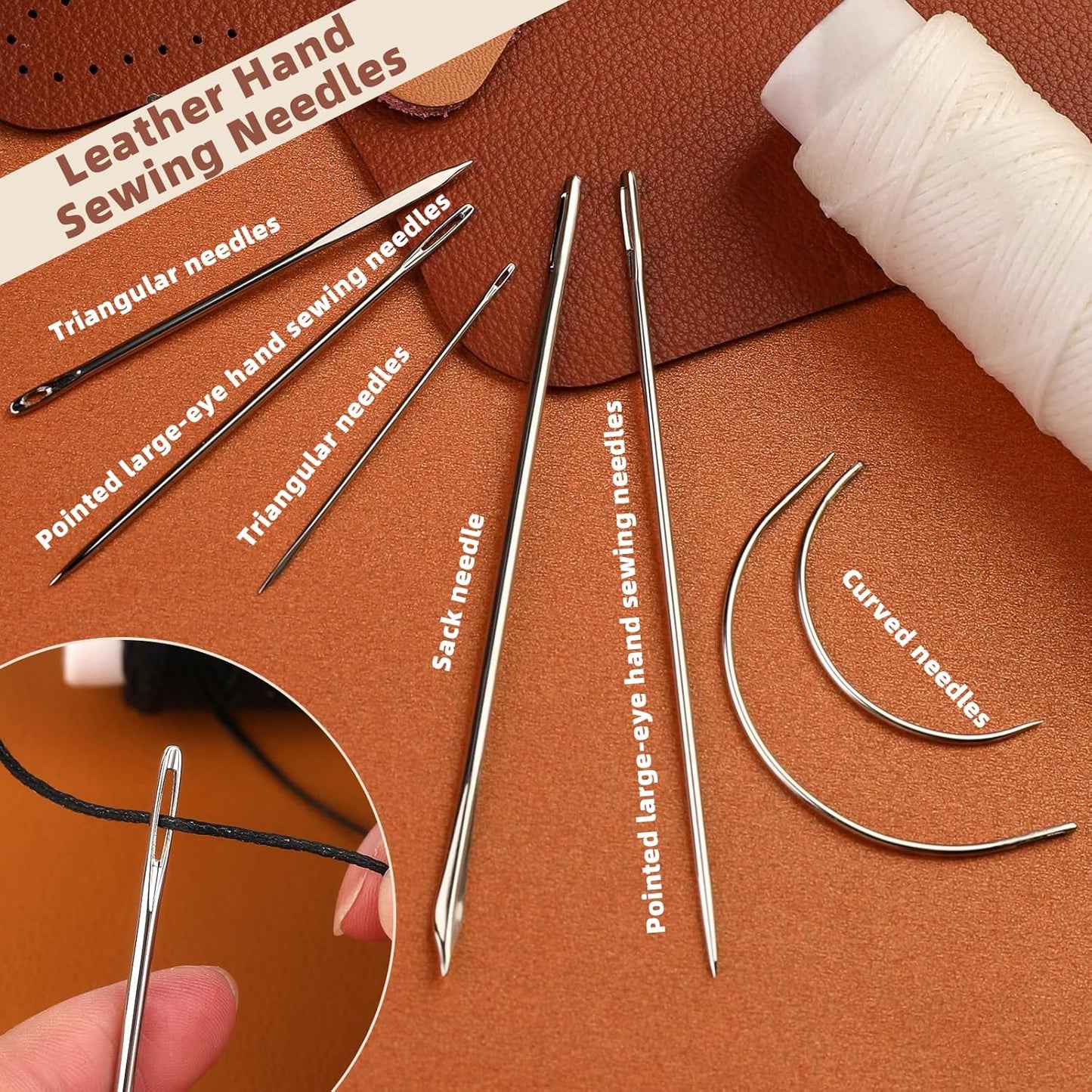 Ftyiwu Waxed Thread 55 Yards, Leather Sewing Waxed Thread with Upholstery Needles Hand Sewing Needles for Home Upholstery Carpet Leather Canvas Repair and Sewing (Khaki)