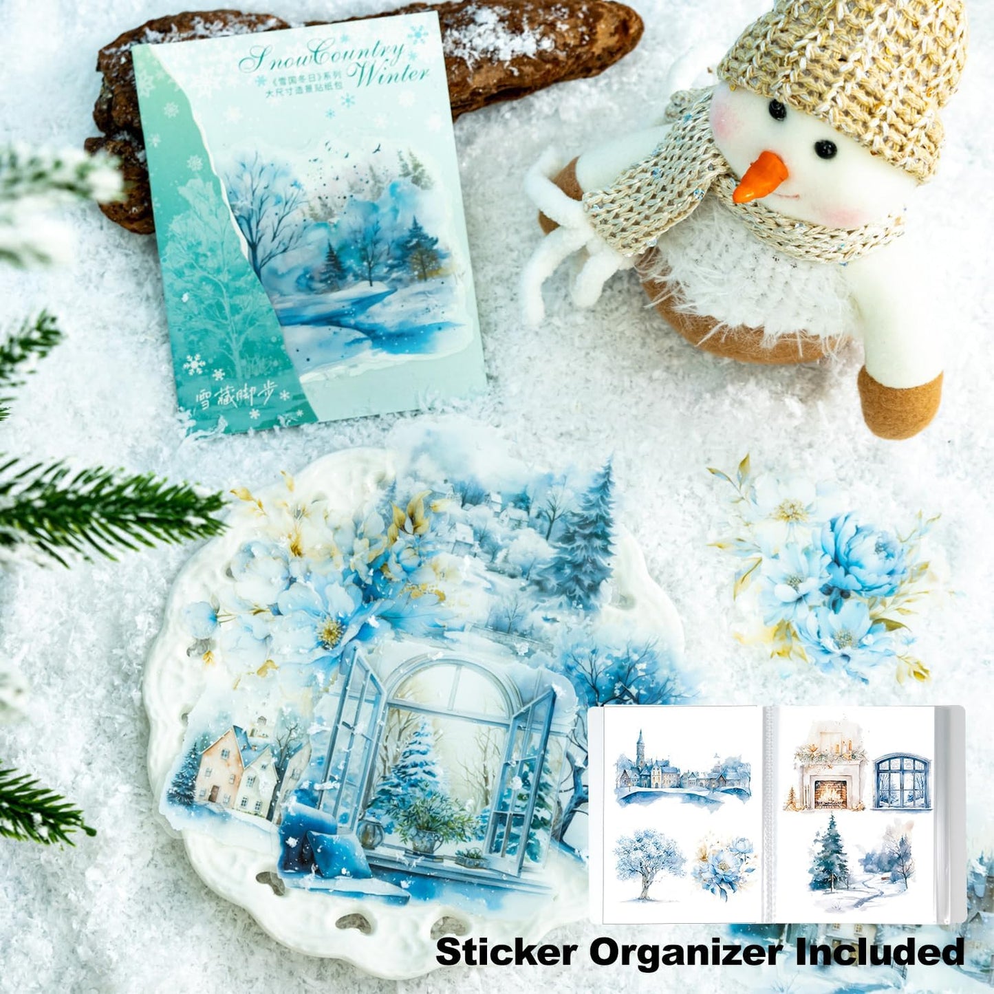 60Pcs Snow Country Winter PET Stickers, Large Landscape Stickers for Scrapbooking, DIY Crafts, Journaling, and Junk Journal Ephemera with Organizer
