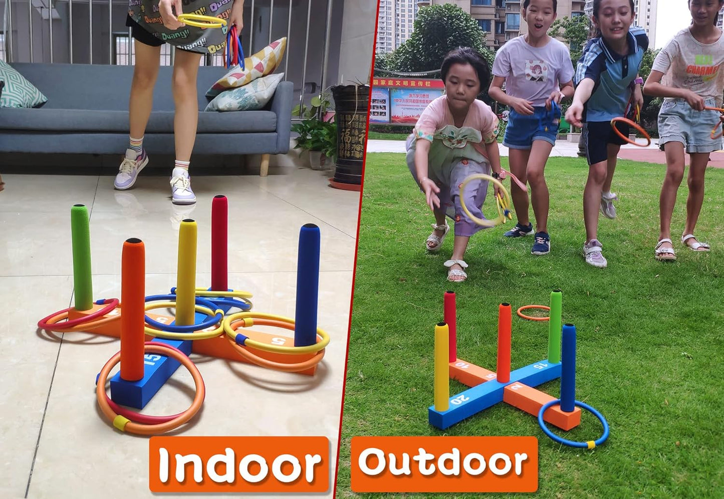 Ring Toss Game for Kids, Indoor & Outdoor Game for Family and Adults with 5 Poles, 2 Bases and 16 Rings in 4 Colors, Soft Foam Toy for Kids Backyard Ring Toss Fun