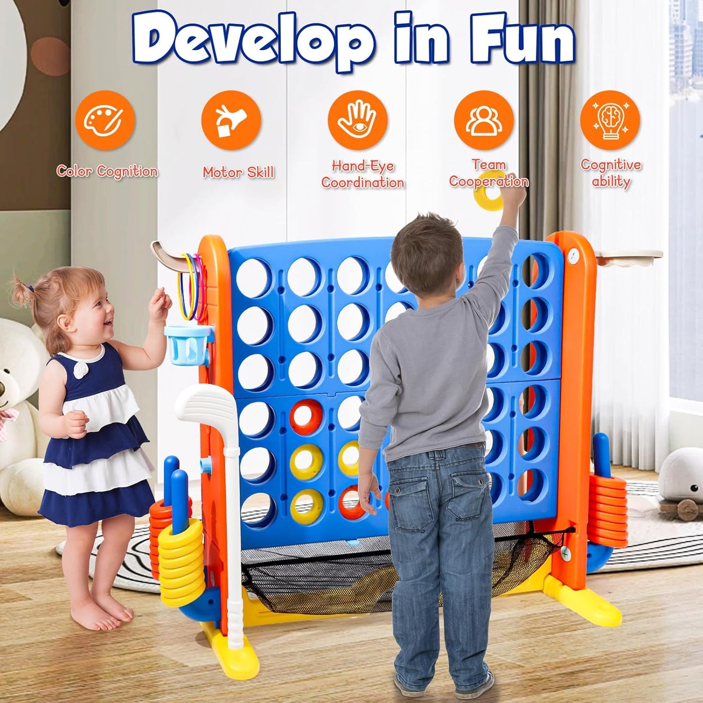 Ancaixin Giant 4 in-A-Row Connect Game Set, Adjustable Height Jumbo Yard Game with Basketball Hoop, Golf, Mesh Pocket & Ring Toss, Indoor Outdoor Family Backyard Party Game for Kids and Adults, Blue