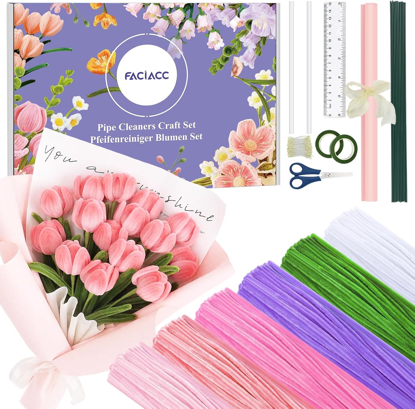 FACIACC 600PCS Pipe Cleaners Craft, 6 Assorted Colors Chenille Stems for DIY Bouquet Christmas Gift Party Decor (Pink)