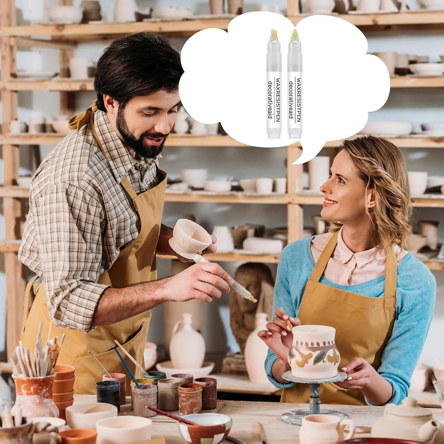 Marspark 2 Set Wax Resist Pens for Pottery Glaze Refillable Ceramic Pens for Decorating Under Pottery Bisque Not Contain Wax