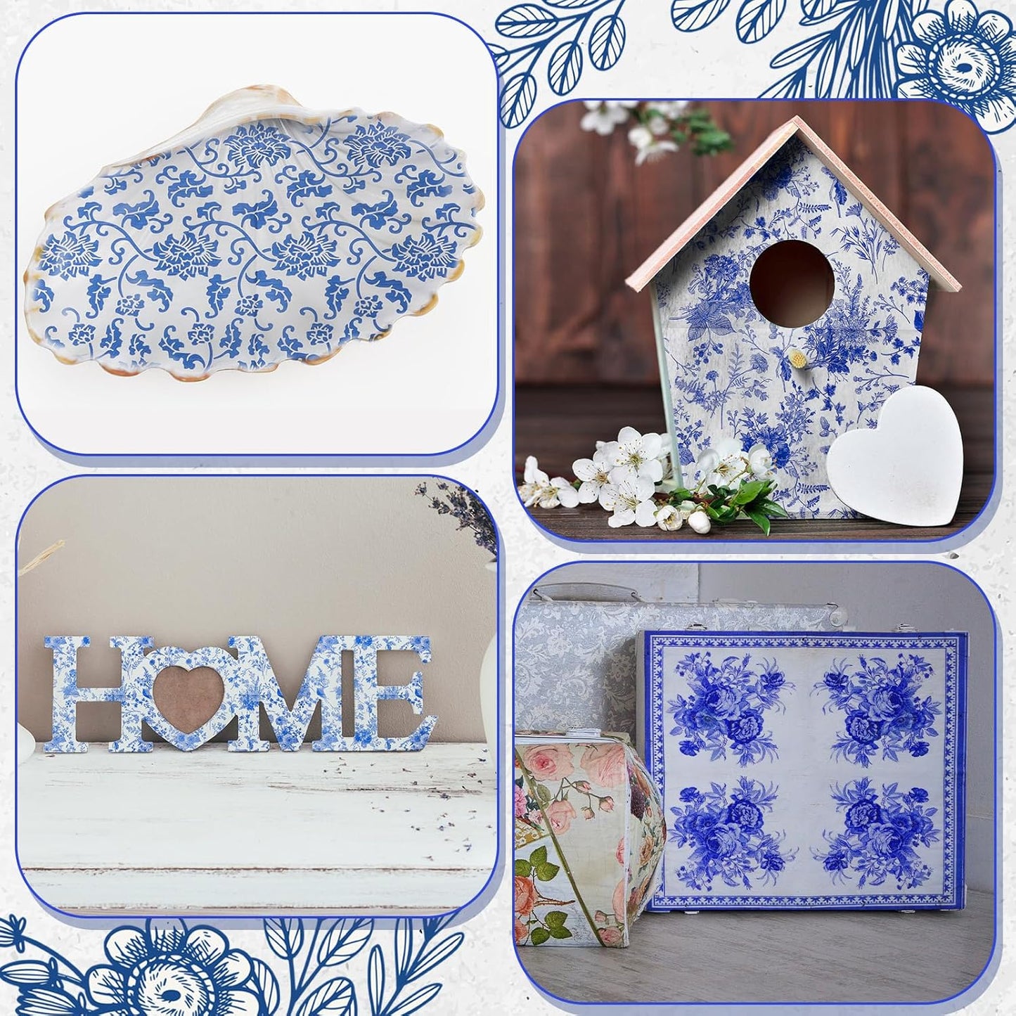 Crtiin 36 Pack 9 Styles Decoupage Napkins Assorted Floral Decorative Decoupage Napkins Chinoiserie Cocktail Paper for DIY Crafting Birthday Party, Each Unfolded 13 Inch(Blue and White Floral)