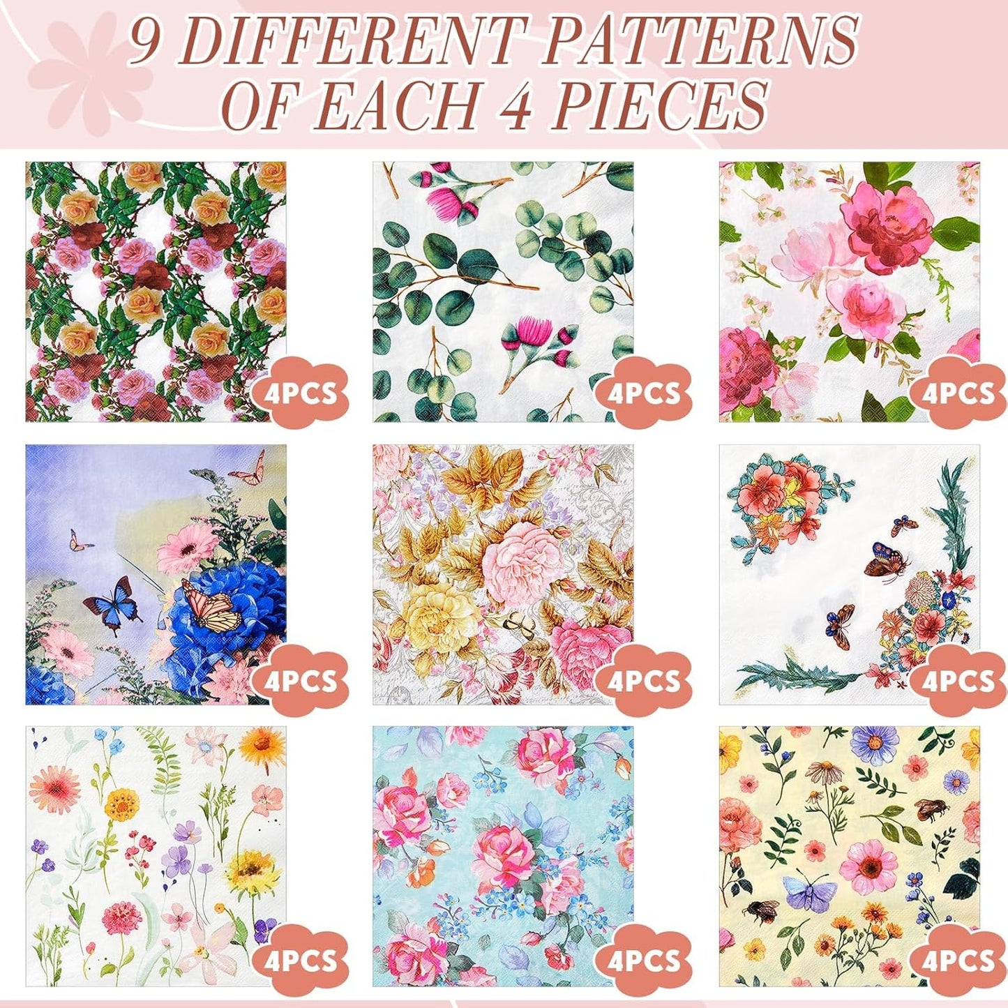Crtiin 36 Pack 9 Styles Decoupage Napkins Assorted Floral Decorative Decoupage Napkins Chinoiserie Cocktail Paper for DIY Crafting Birthday Party, Each Unfolded 13 Inch(Rural Floral)
