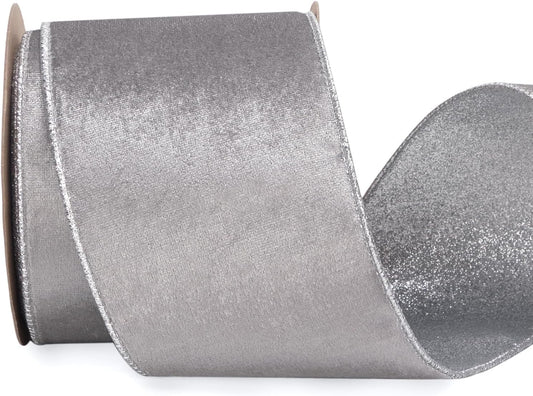 Ribbli Velvet Wired Ribbon 4 Inch Silver Velvet with Silver Glitter Christmas Ribbon for Christmas Tree Decoration Big Bow Gift Wrapping Crafts Wreaths Supplies - 10 Yards