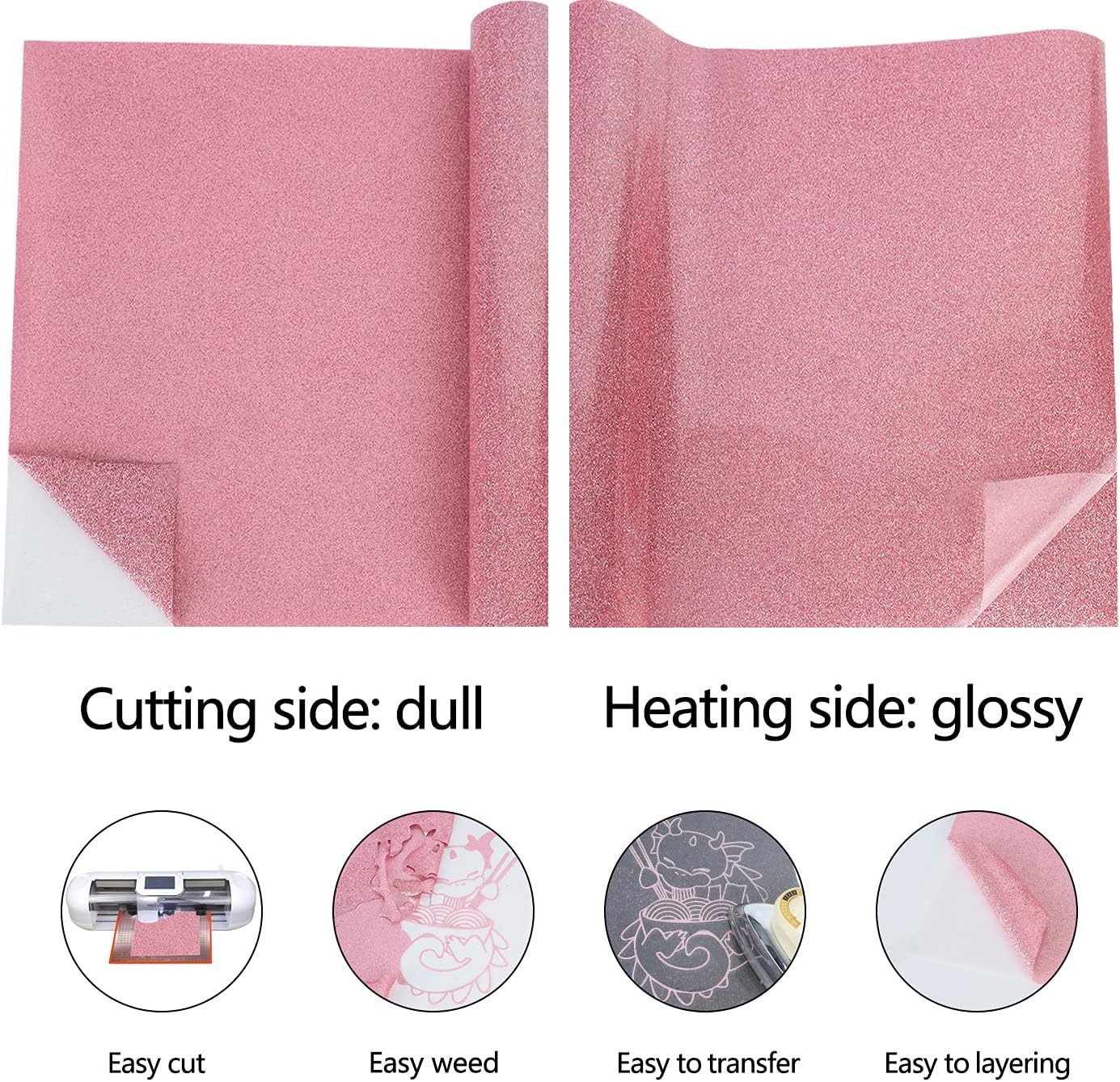 guangyintong Glitter Pink Heat Transfer Vinyl HTV Rolls, 12" x 8ft Iron on Vinyl for T-Shirts Glitter Pink HTV Vinyl for All Cutter Machines Easy to Cut & Weed for Heat Vinyl Design