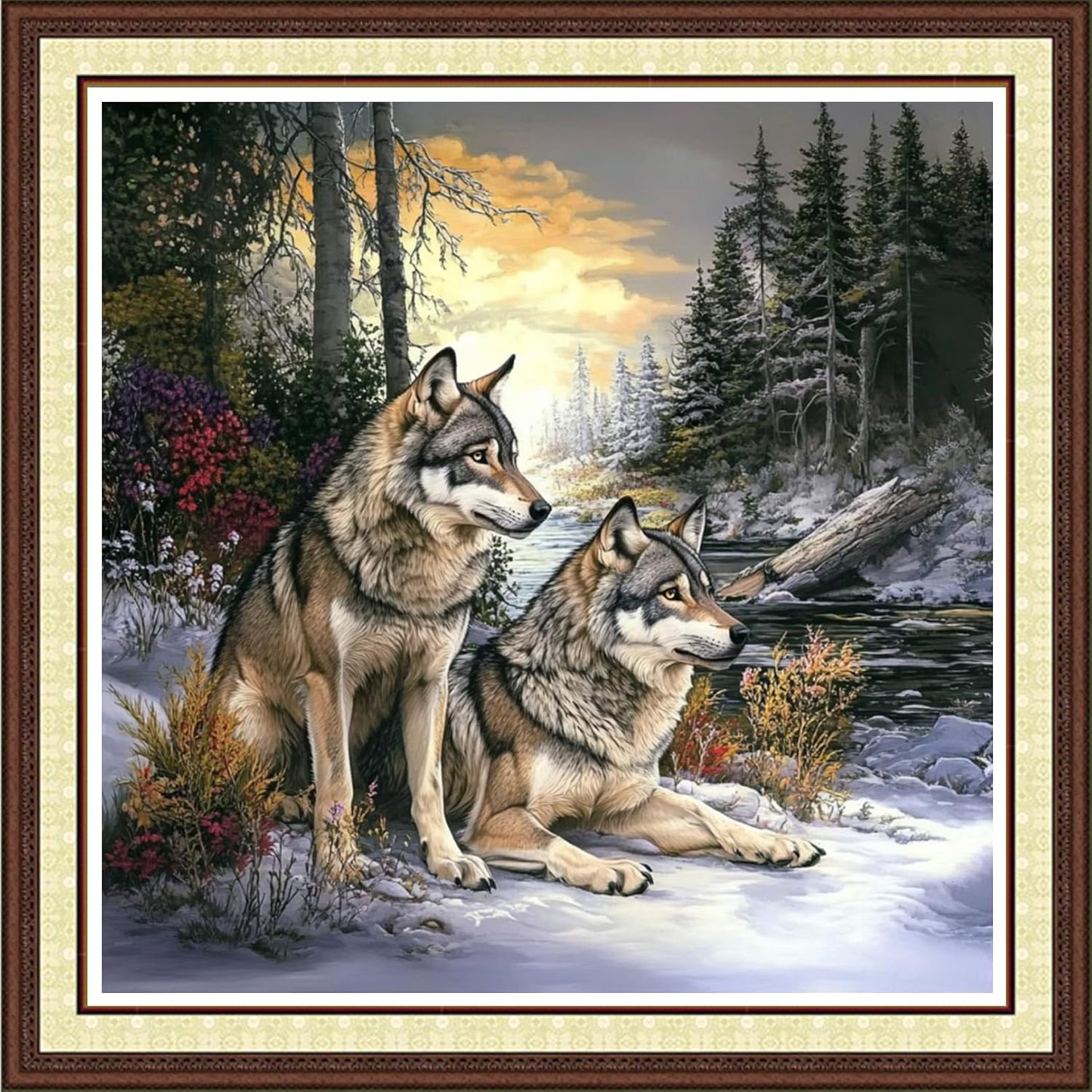 Findvoor Counted Cross Stitch Kits for Adults Full Range of Cross Stitching Embroidery Unprinted Pattern for Beginners, 11CT Needlepoint Kit Patterns Embroidery Kits-Forest Couple Wolf 18x18 inch