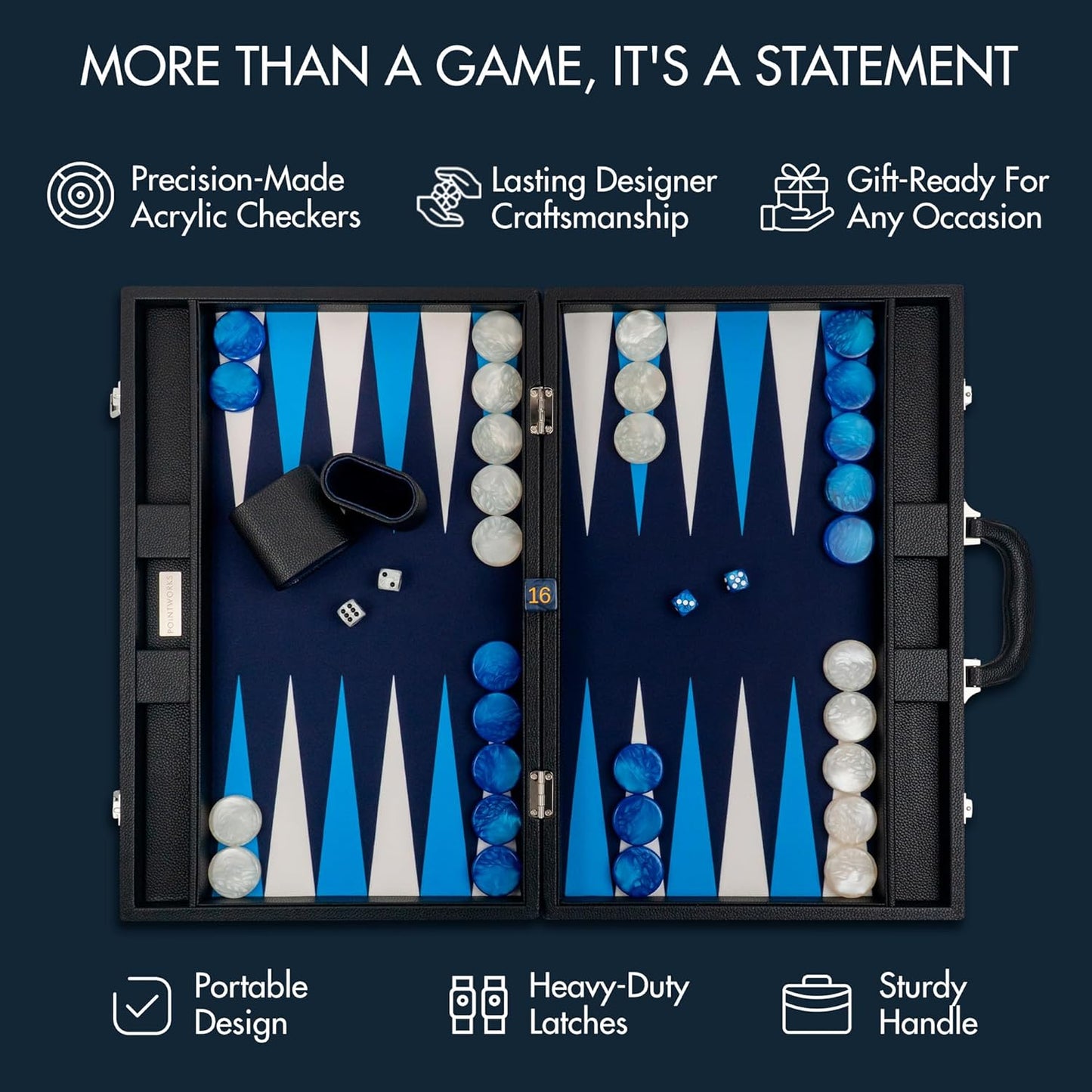 19 Inch Premium Backgammon Sets for Adults Leather Black - Blue. Premium 1.6 Inch Checkers & Dice Set, Travel Backgammon Set, Large, Backgammon Board Game, Backgammon Game Set