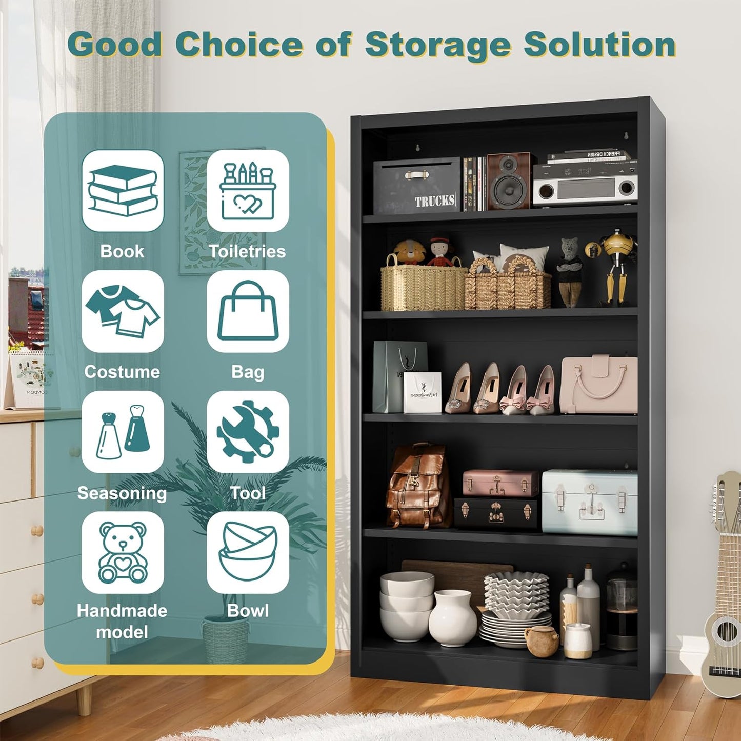 Heavy-Duty Metal Open Storage Cabinet with Adjustable Shelves, 5-Tier Shelving Unit, Easy Assembly Freestanding Organizer for Garage, Pantry,Office, Living Room (Black, 5 Tier-55"H x 27.6"W x 11.8"D)