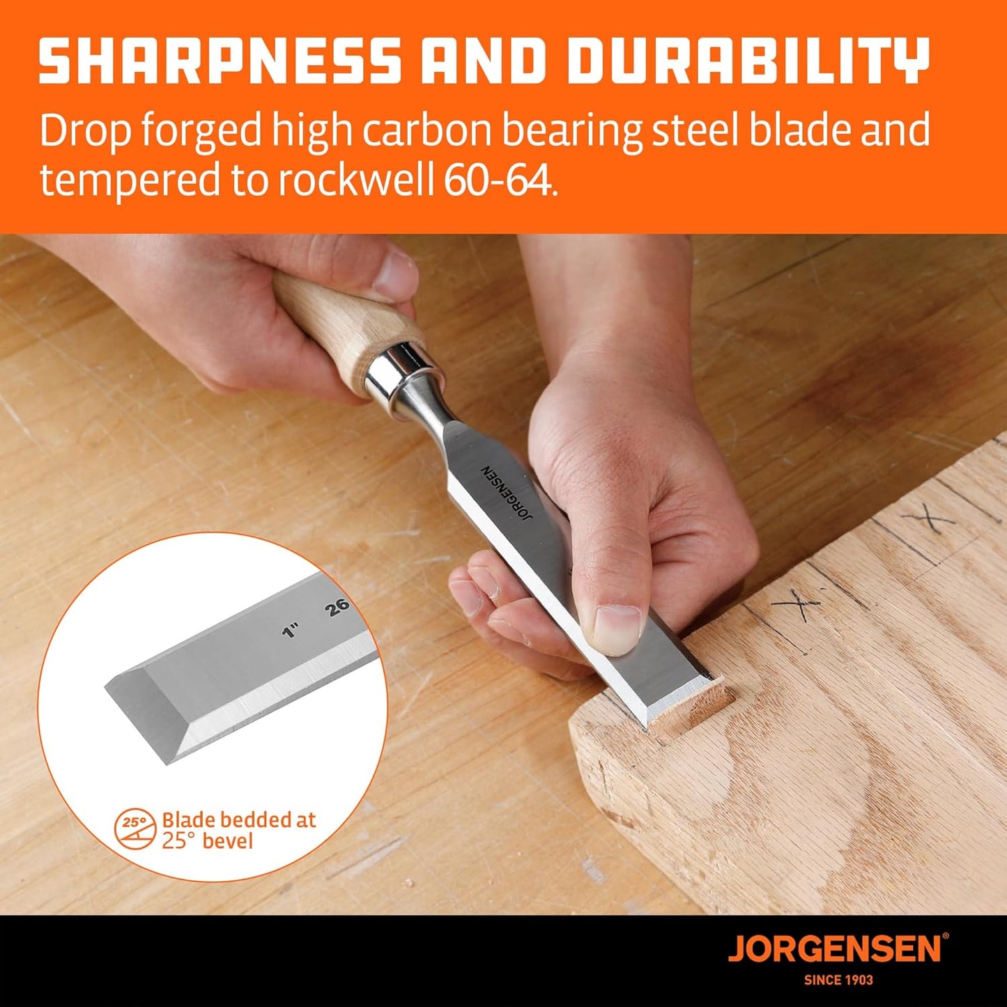 Jorgensen 4-Piece Wood Chisel Set, Chromium Alloy Steel Beveled Edge Wood Chisels, Wood Chisels for Woodworking, Ergonomic Hardwood Handle with Metal Ferrule, 1/4", 1/2", 3/4", 1"