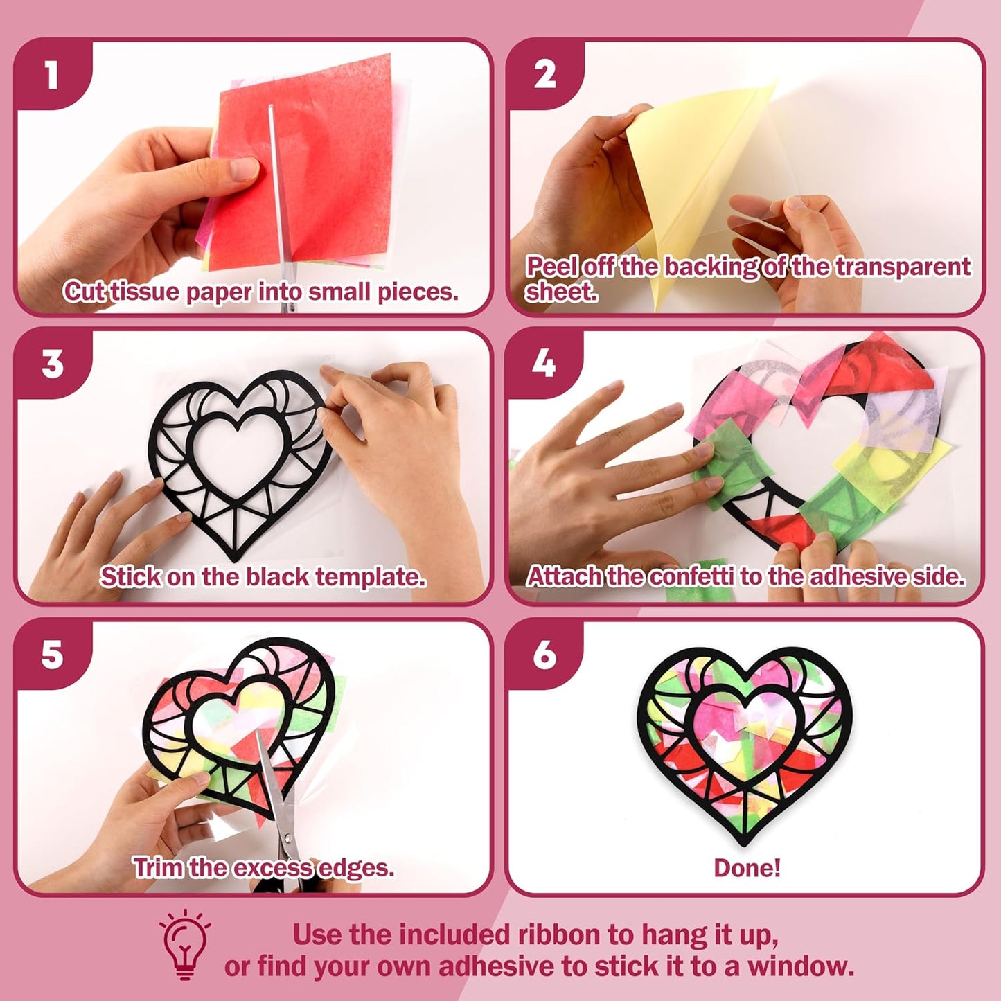 Renbuzhu 40PCS Valentines Day Crafts: Paper Heart Suncatchers, Valentine's Classroom DIY Kits, Window Stained Glass Effect Art Supplies