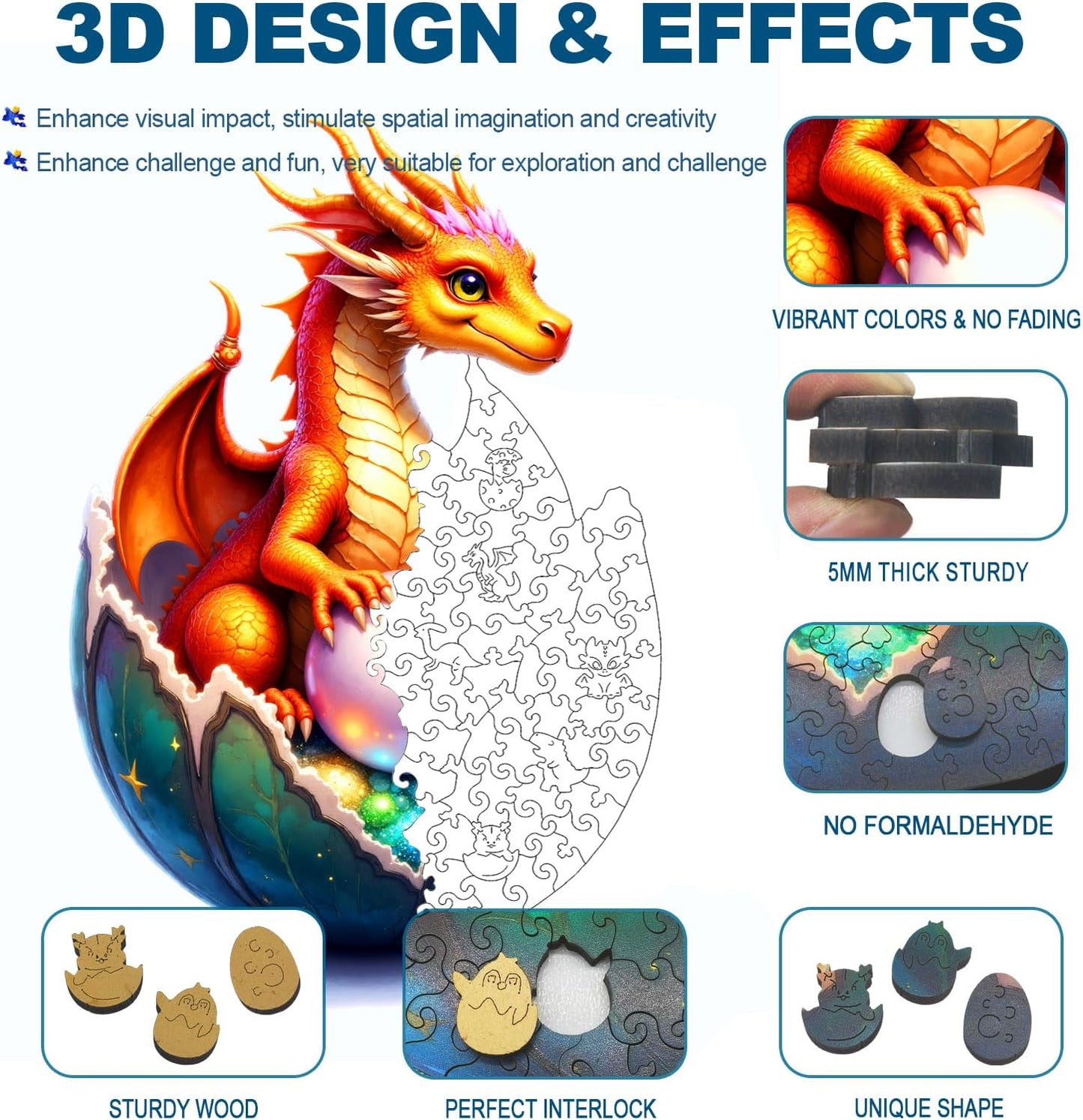 Wooden Jigsaw Puzzles for Adults and Kids, Dragon Hatchling 200 Piece Unique Shaped Puzzle, Family Game and Creative Wooden Puzzle Gift, Wall Art Decor