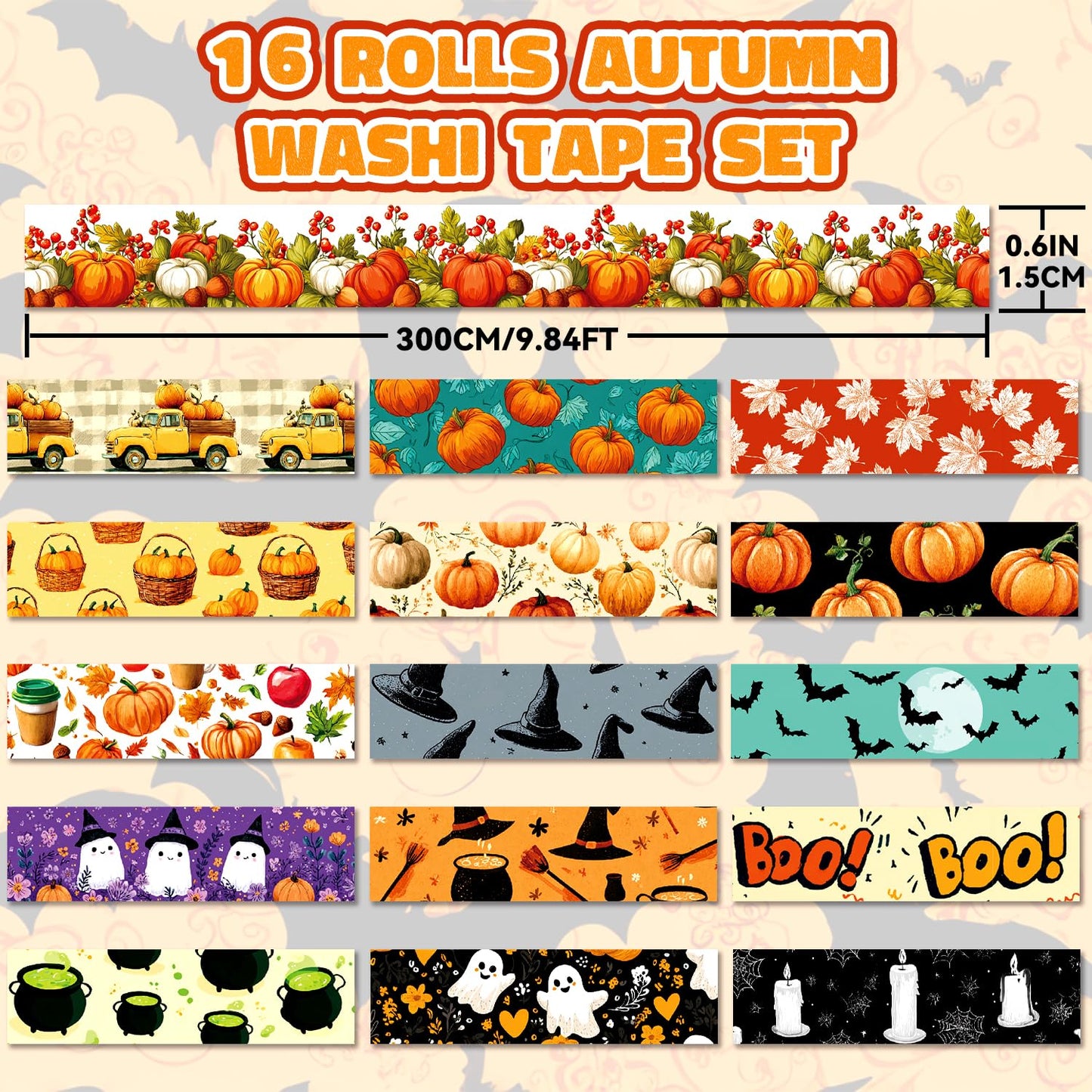 Halloween Washi Tape Set 16 Rolls, Fall & Spooky Decorative Tape, Autumn Washi Tape for Journaling, Crafts, Pumpkin Decor (0.6" x10 ft) - Autumn Leaves, Bats, Pumpkins, Vintage Horror
